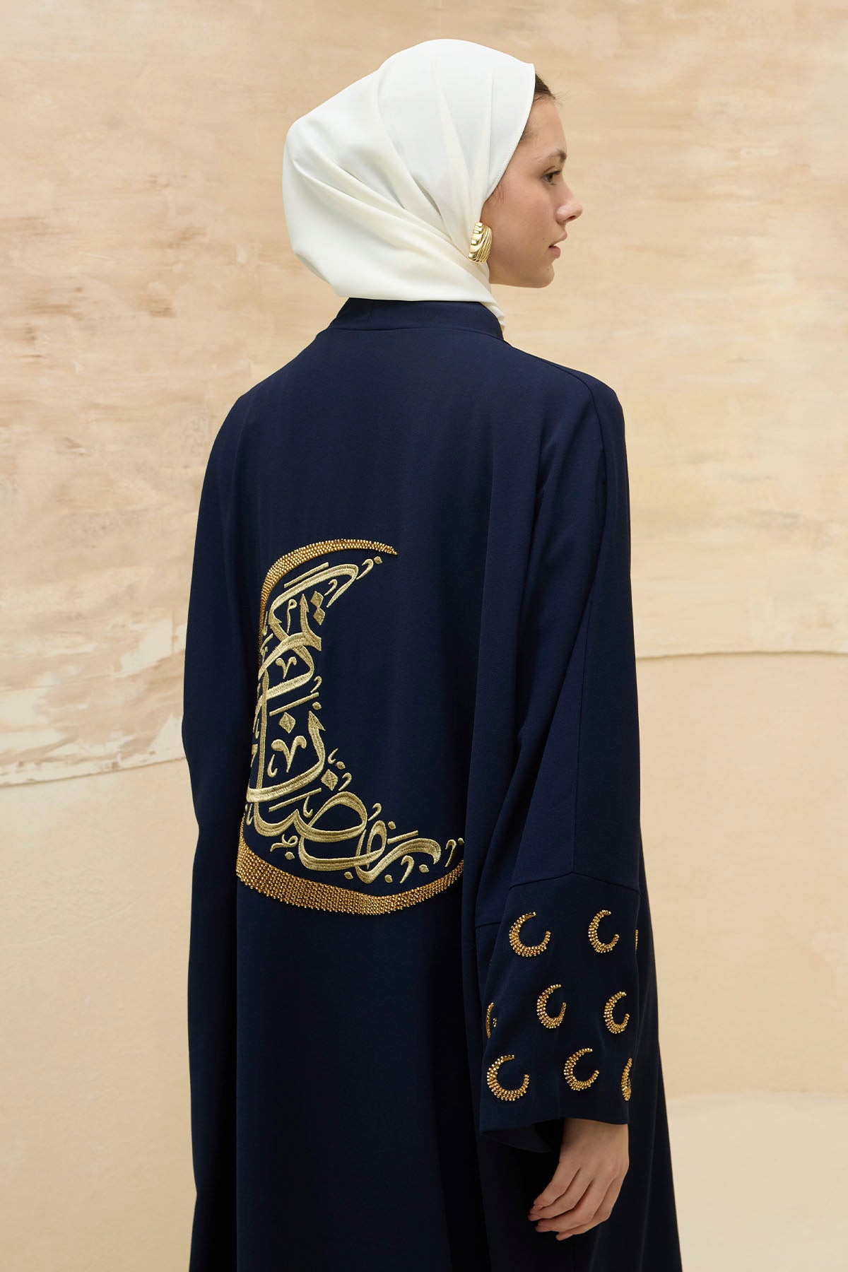 Ramazan Kerim Yazılı Gold Hilal İşlemeli Geniş Kol Uzun Lacivert Abaya