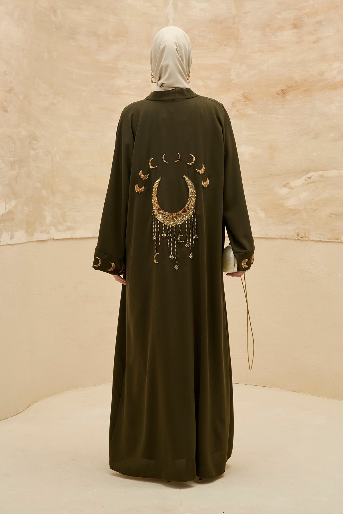 Ramazan Özel Gold Hilalin Evreleri ve Ay Yıldız İşlemeli Tesettür Uzun Haki Abaya