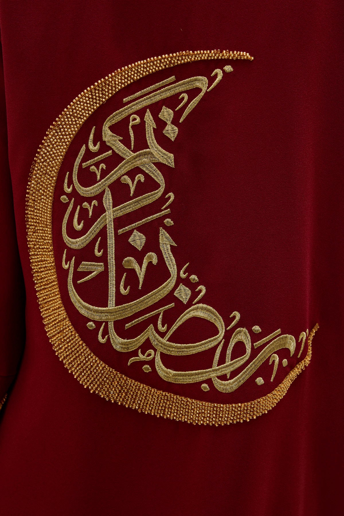 Ramazan Kerim Yazılı Gold Hilal İşlemeli Geniş Kol Uzun Bordo Abaya