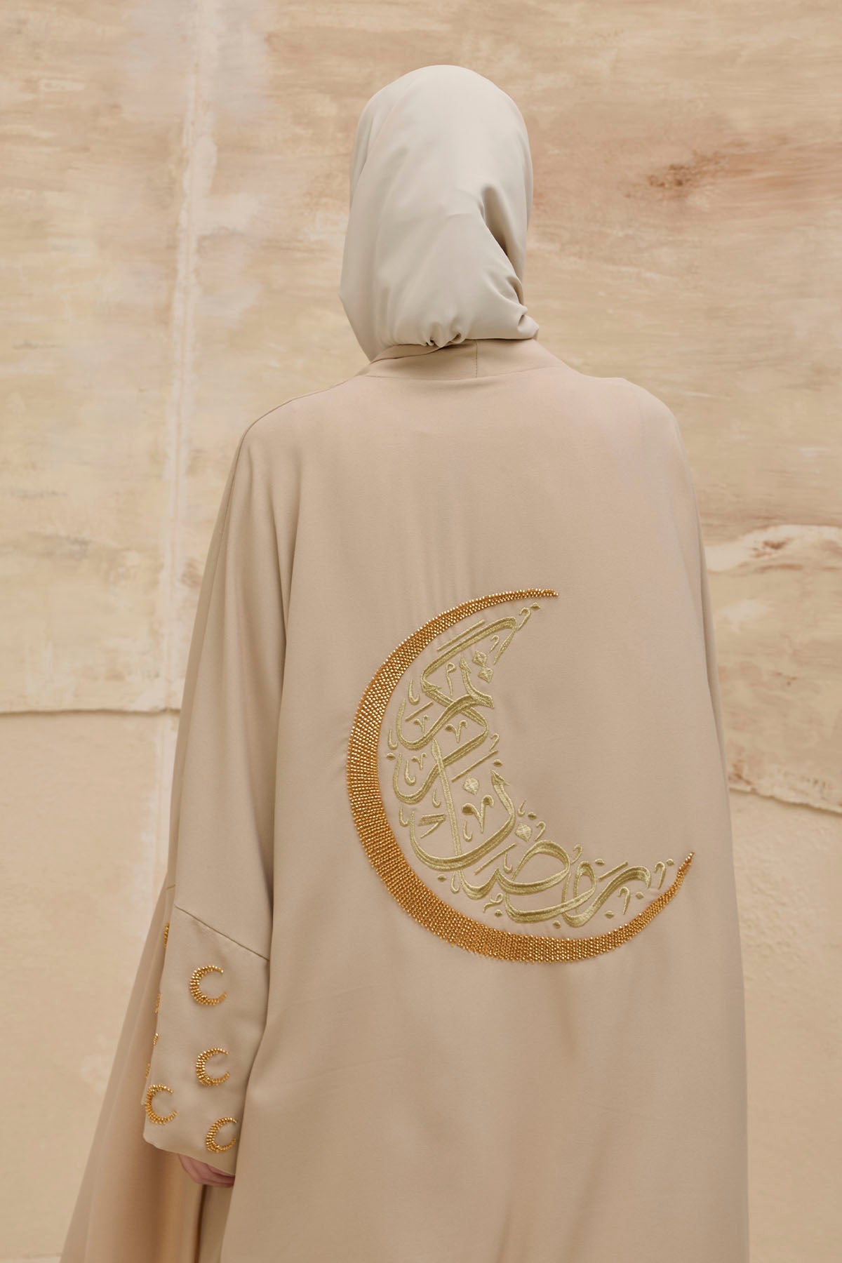 Ramazan Kerim Yazılı Gold Hilal İşlemeli Geniş Kol Uzun Vizon Abaya
