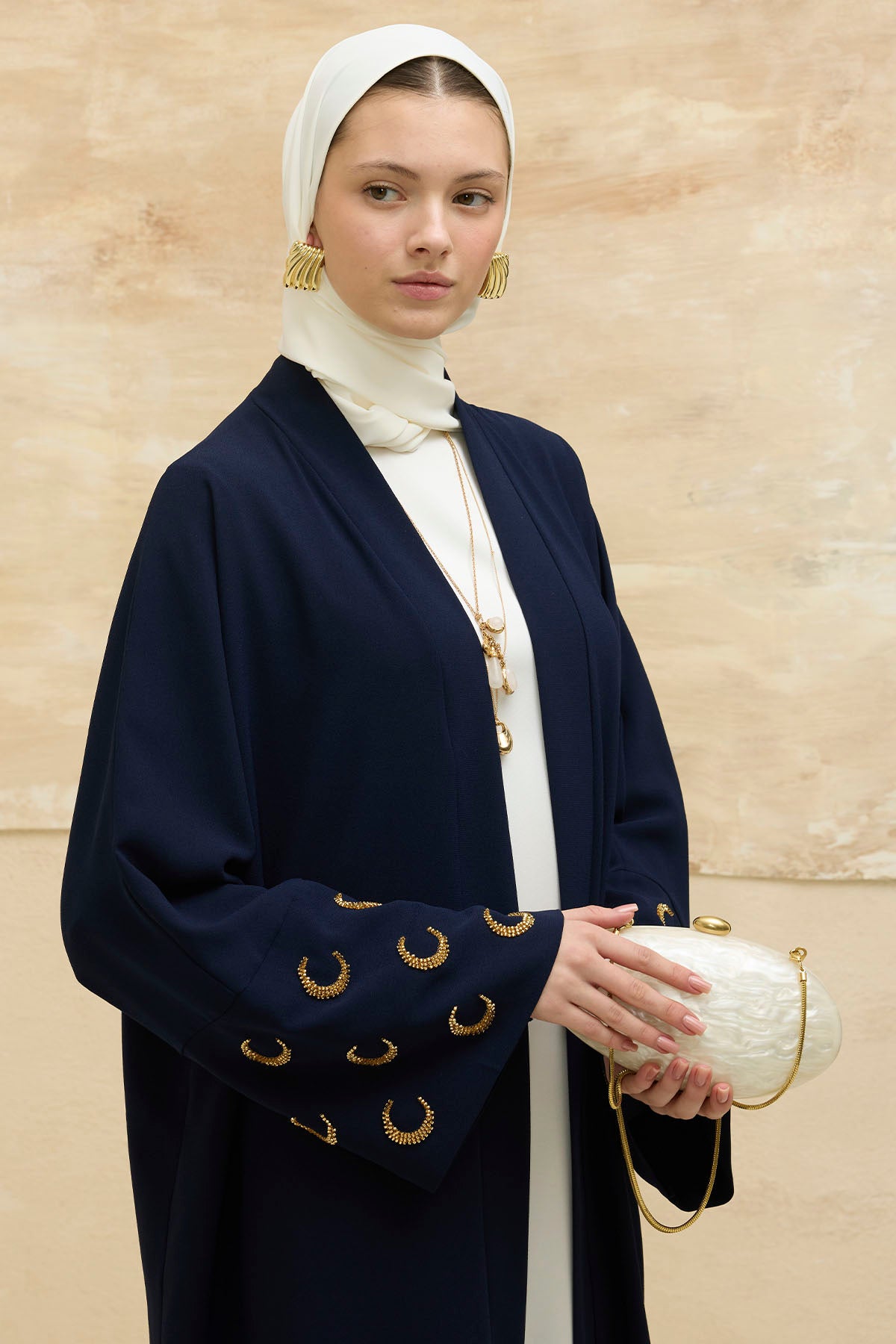 Ramazan Kerim Yazılı Gold Hilal İşlemeli Geniş Kol Uzun Lacivert Abaya