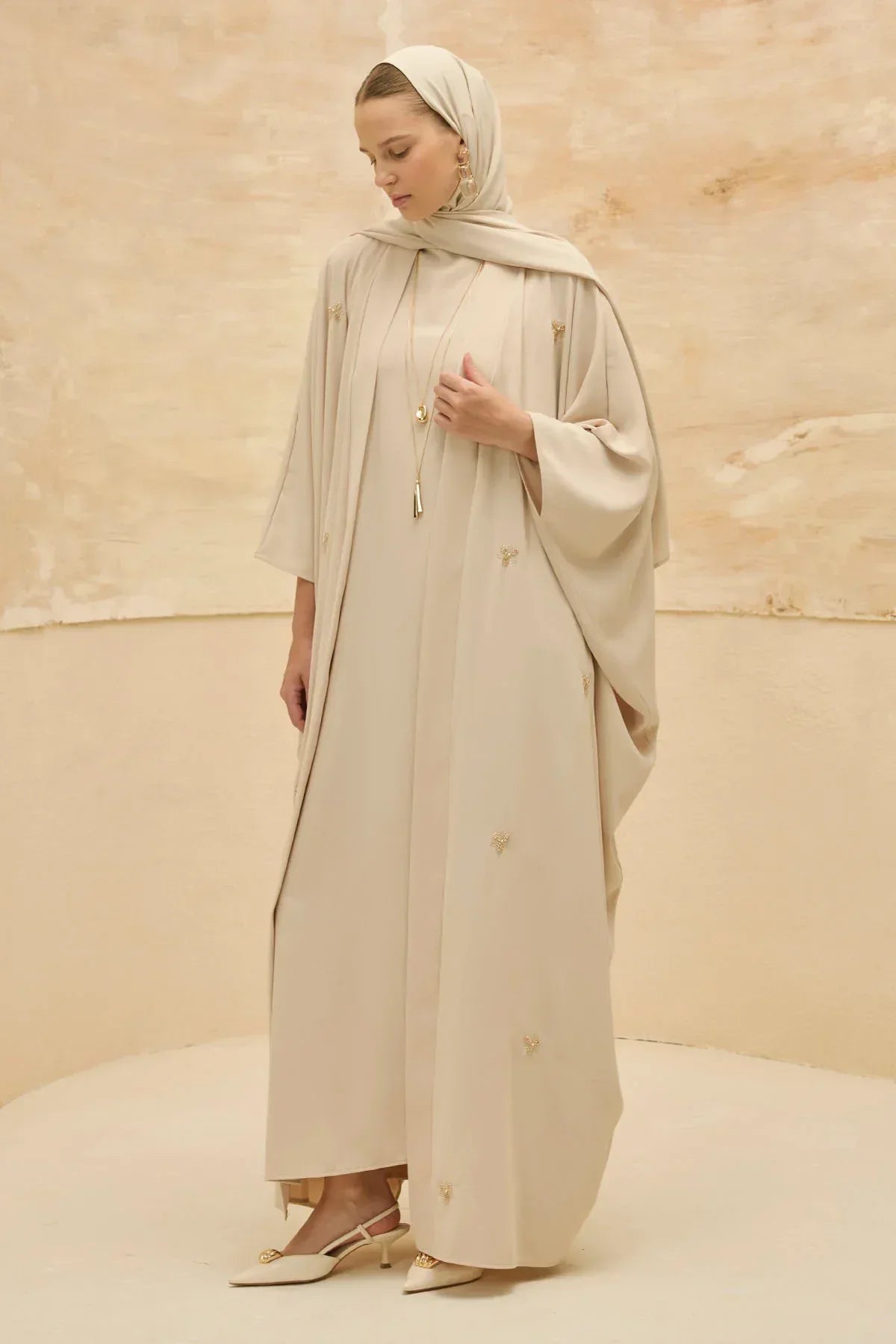 Elegant Floral Embroidered Flowing Cut Batwing Sleeve Stone Abaya