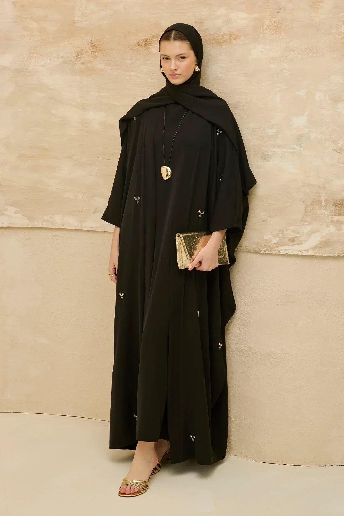 Elegant Floral Embroidered Flowing Cut Batwing Sleeve Black Abaya