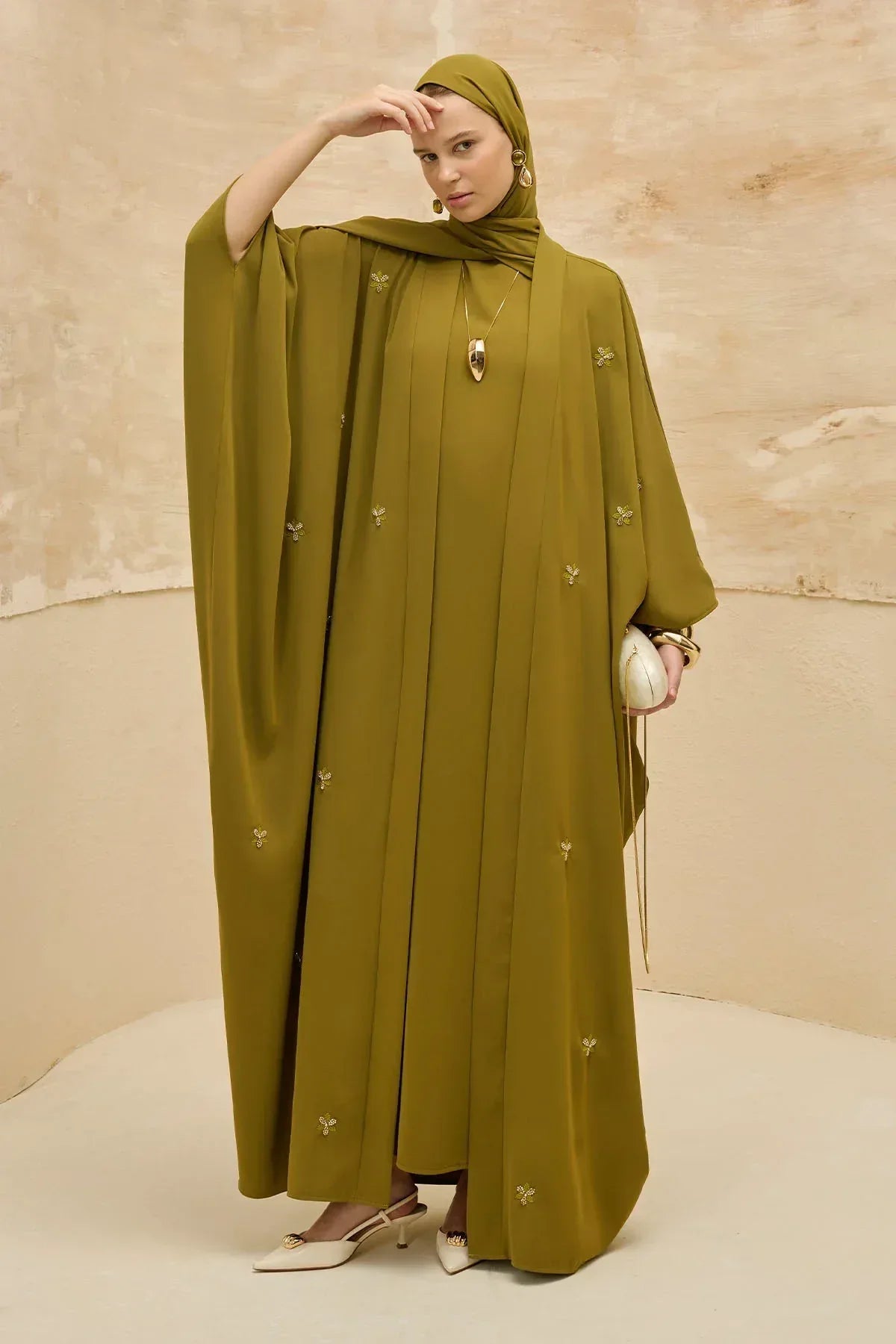 Elegant Floral Embroidered Flowing Cut Batwing Sleeve Olive Green Abaya