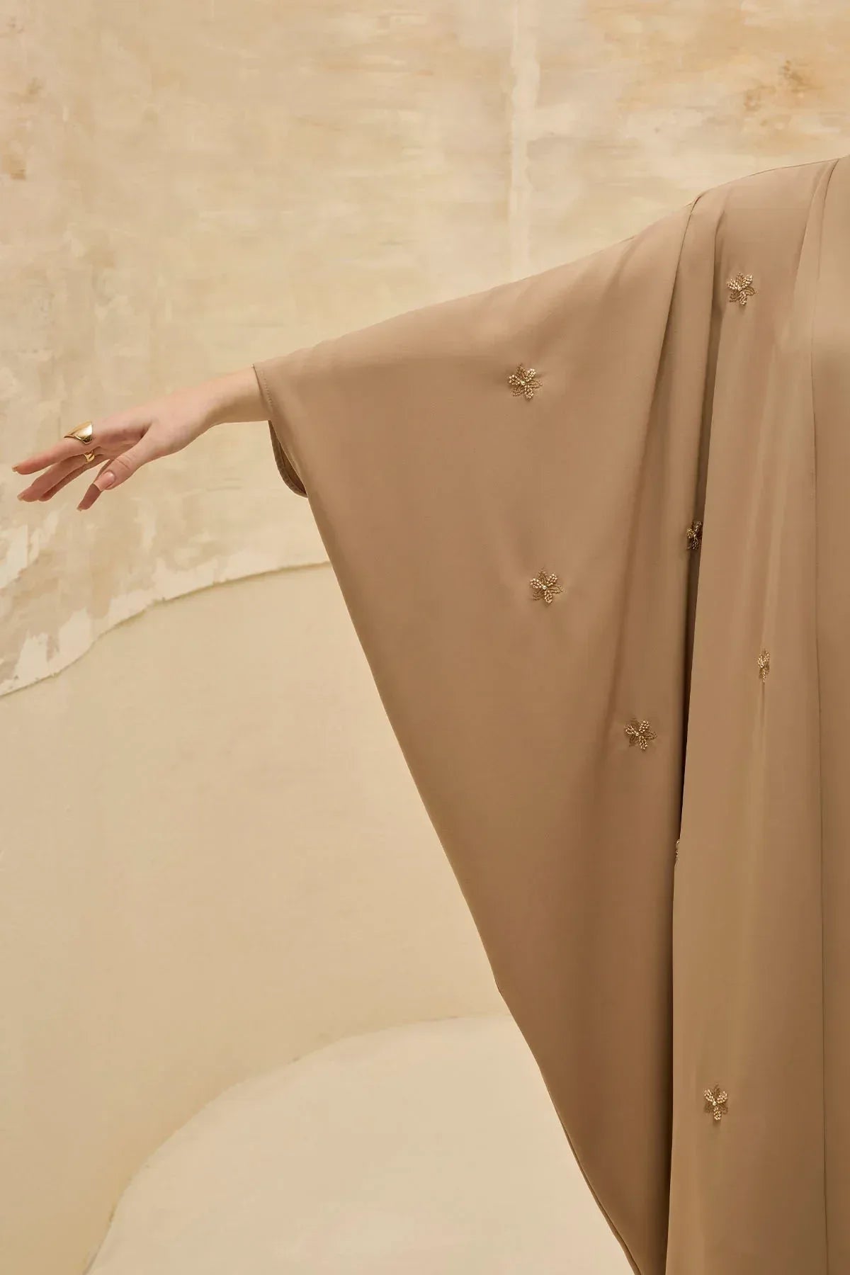 Elegant Floral Embroidered Flowing Cut Batwing Sleeve Camel Abaya