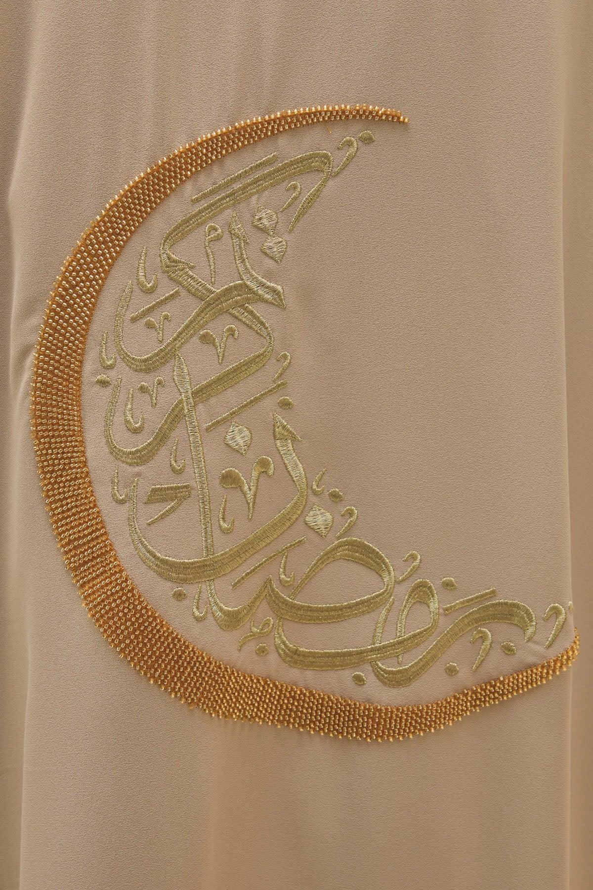 Ramazan Kerim Yazılı Gold Hilal İşlemeli Geniş Kol Uzun Vizon Abaya - VIADEL Atelier