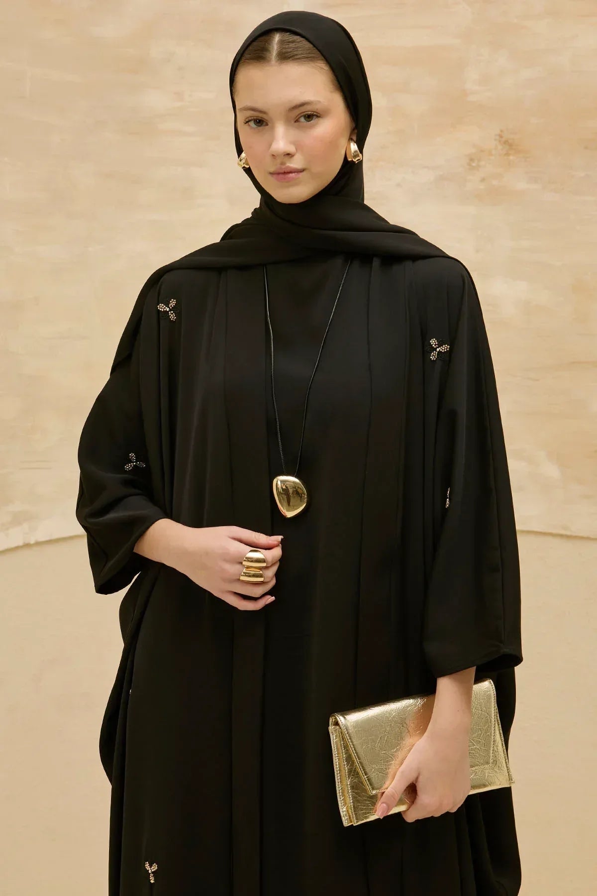 Elegant Floral Embroidered Flowing Cut Batwing Sleeve Black Abaya