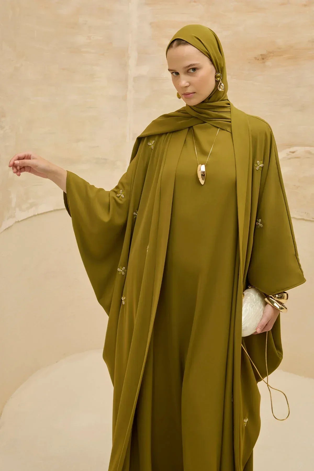 Elegant Floral Embroidered Flowing Cut Batwing Sleeve Olive Green Abaya