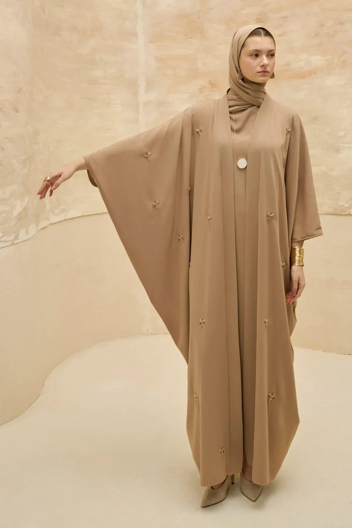Elegant Floral Embroidered Flowing Cut Batwing Sleeve Camel Abaya