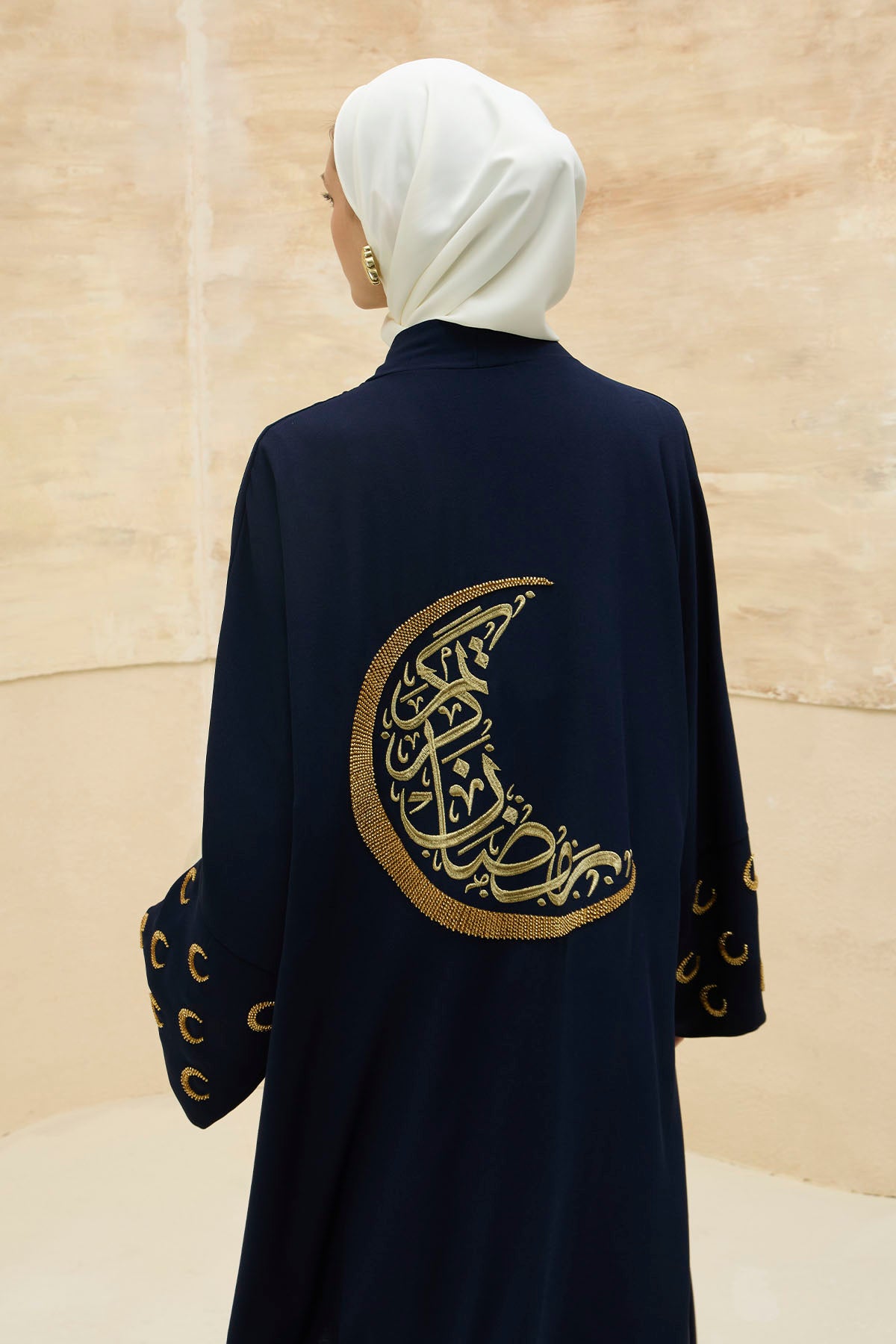 Ramazan Kerim Yazılı Gold Hilal İşlemeli Geniş Kol Uzun Lacivert Abaya