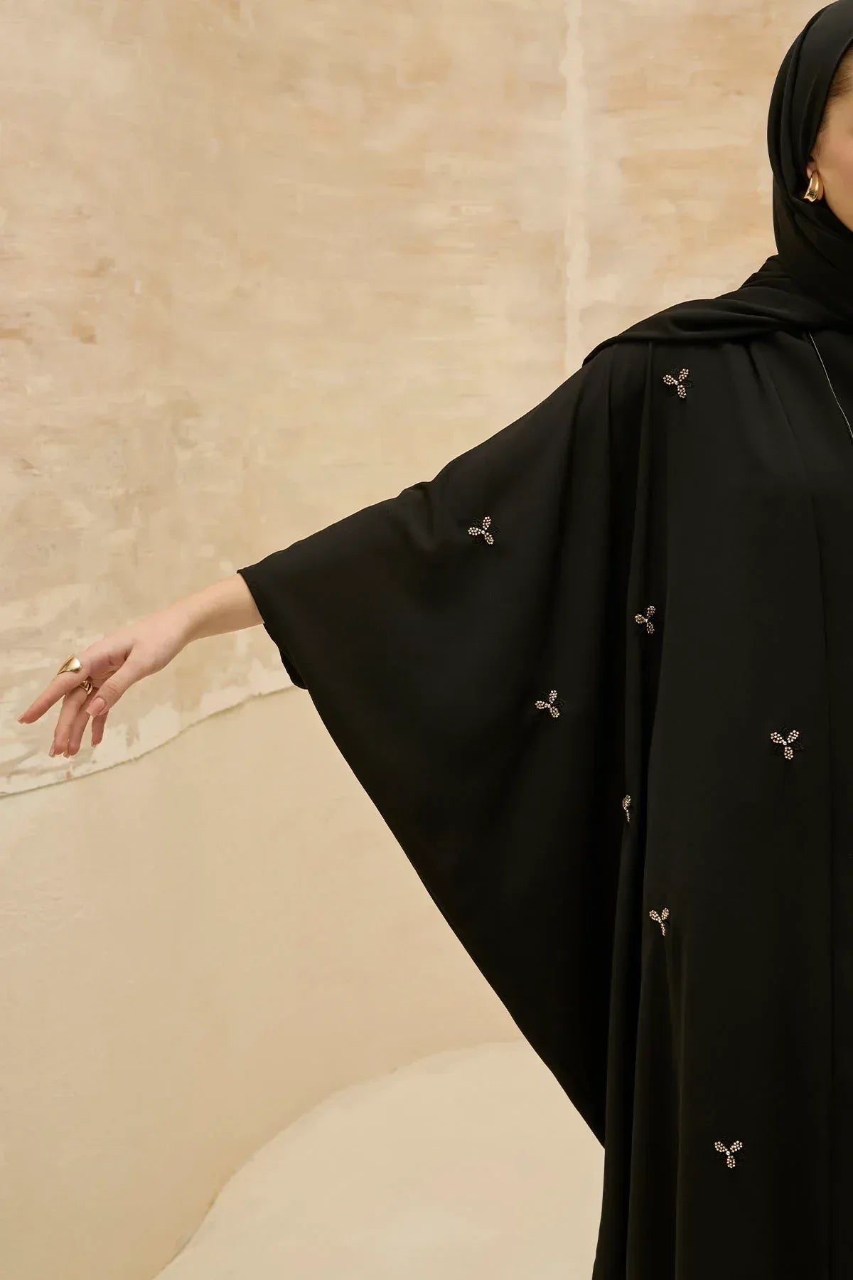 Elegant Floral Embroidered Flowing Cut Batwing Sleeve Black Abaya