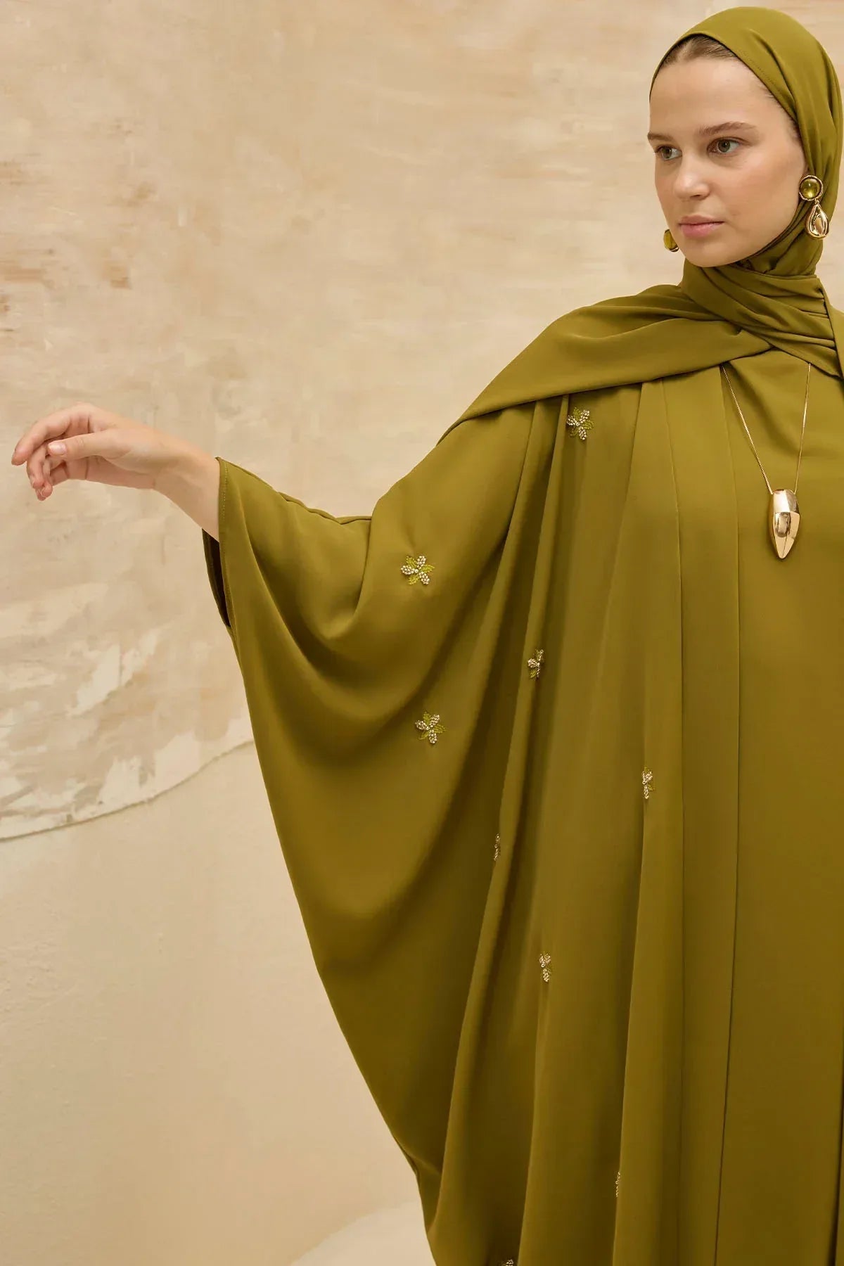 Elegant Floral Embroidered Flowing Cut Batwing Sleeve Olive Green Abaya
