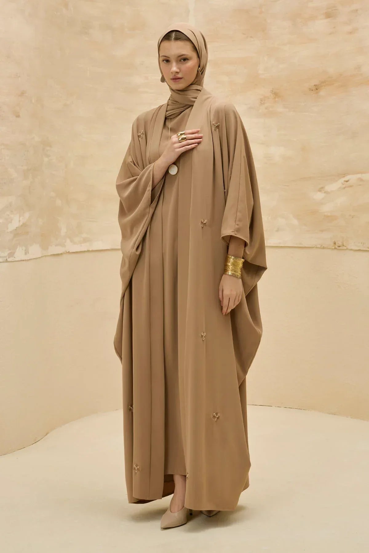 Elegant Floral Embroidered Flowing Cut Batwing Sleeve Camel Abaya