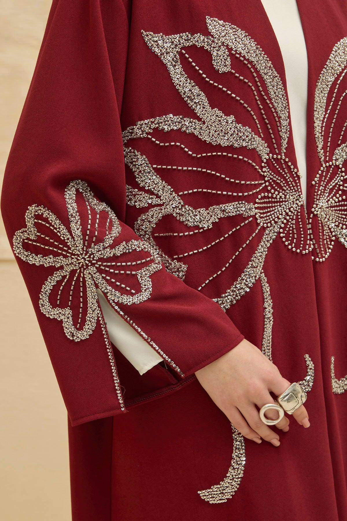 Yonca Taş Boncuk İşlemeli Kol Yırtmaçlı Uzun Bordo Abaya - VIADEL Atelier