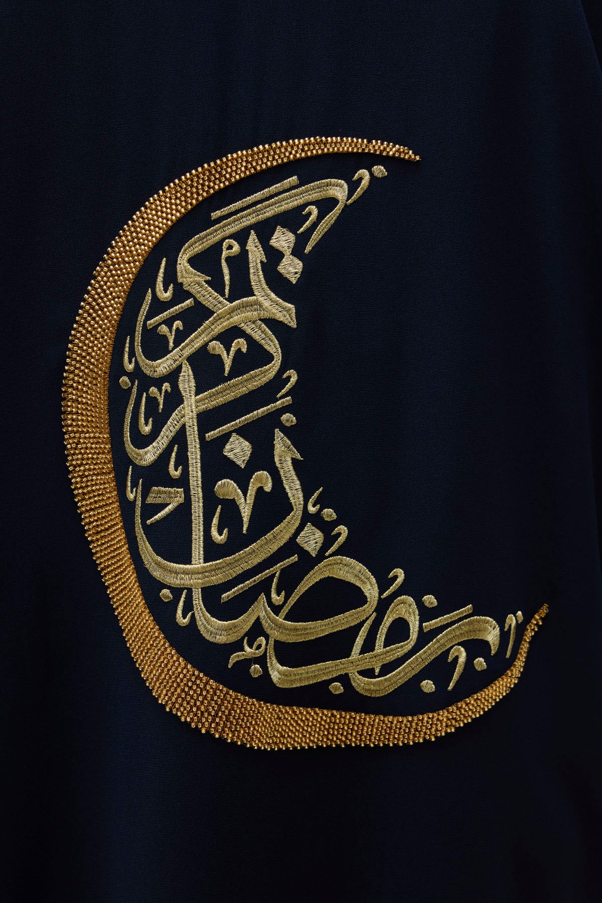 Ramazan Kerim Yazılı Gold Hilal İşlemeli Geniş Kol Uzun Lacivert Abaya