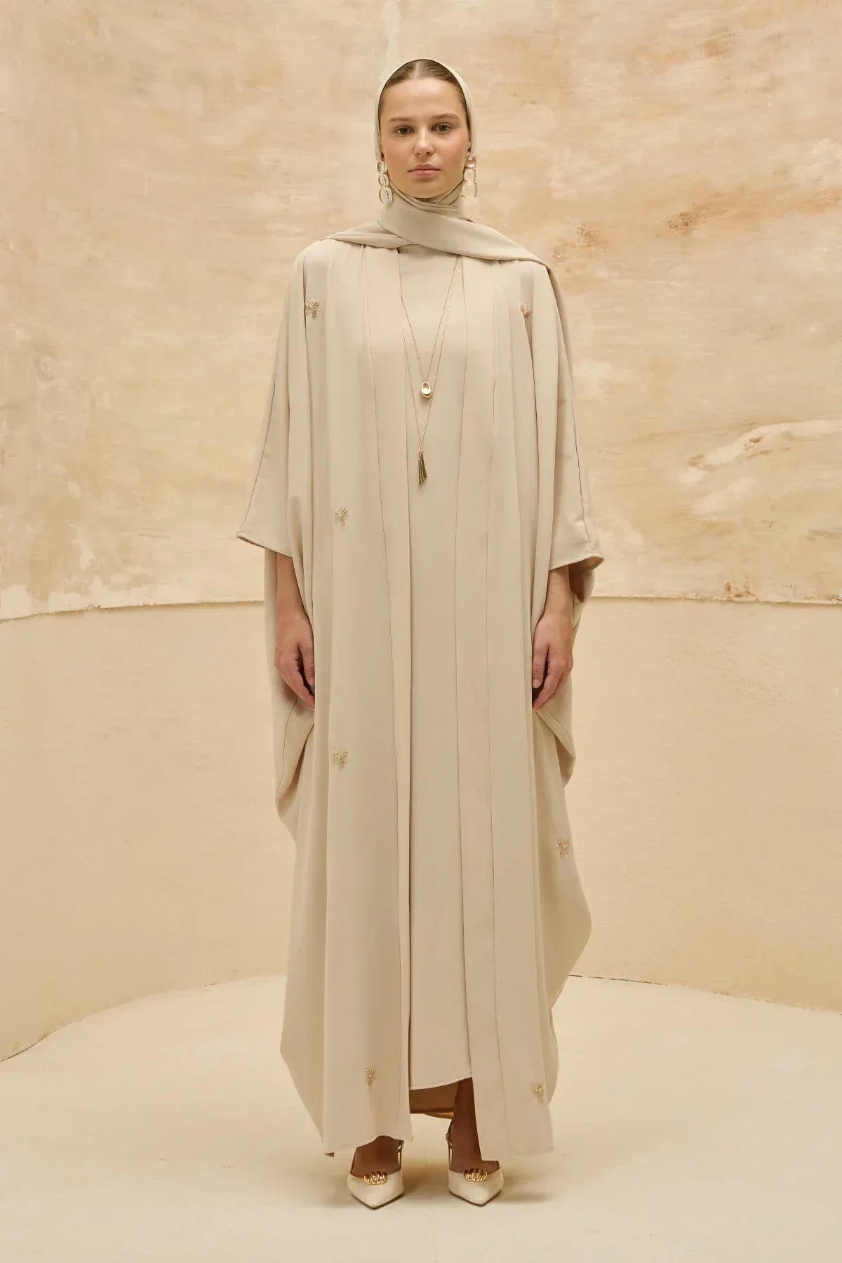 Elegant Floral Embroidered Flowing Cut Batwing Sleeve Stone Abaya