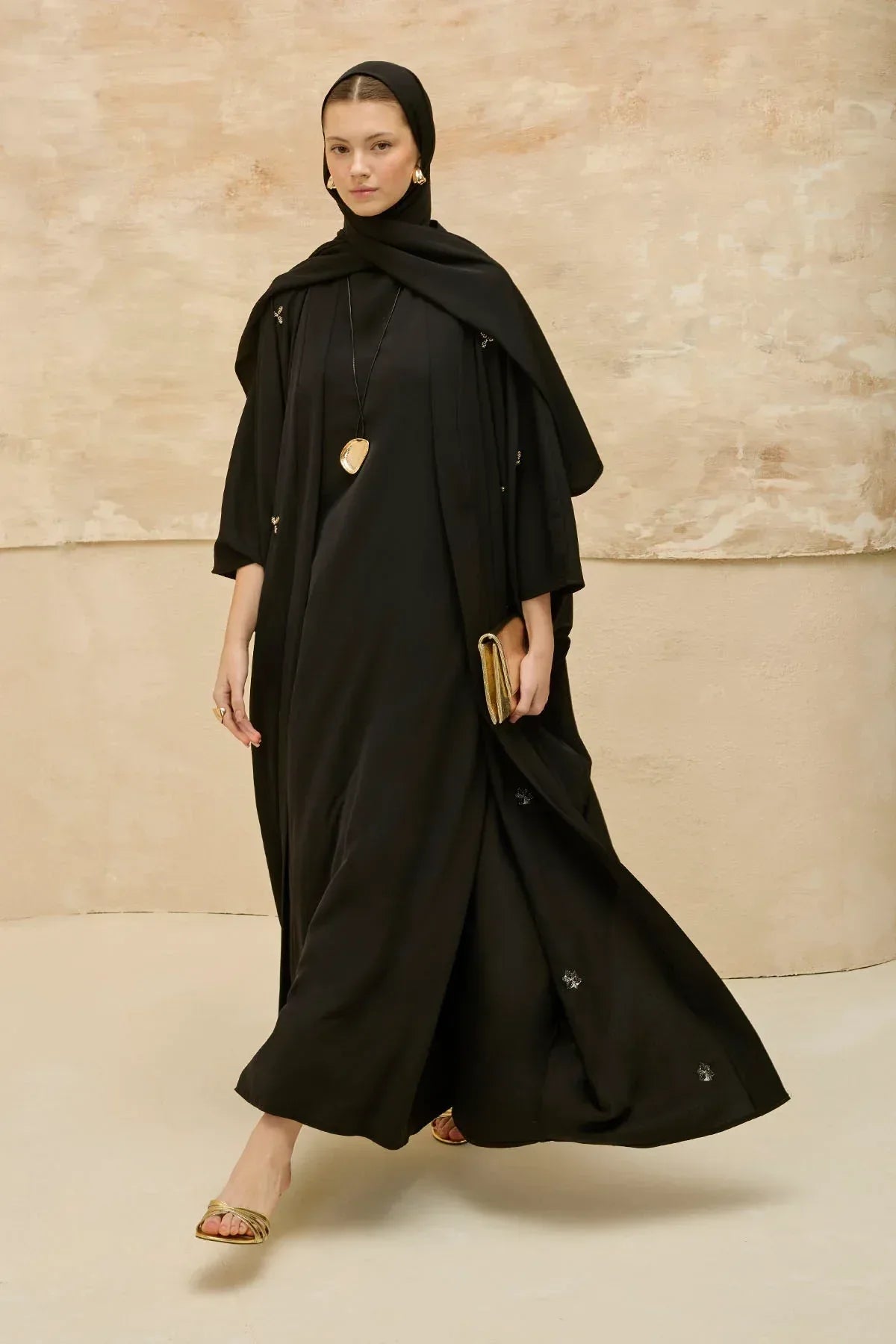 Elegant Floral Embroidered Flowing Cut Batwing Sleeve Black Abaya