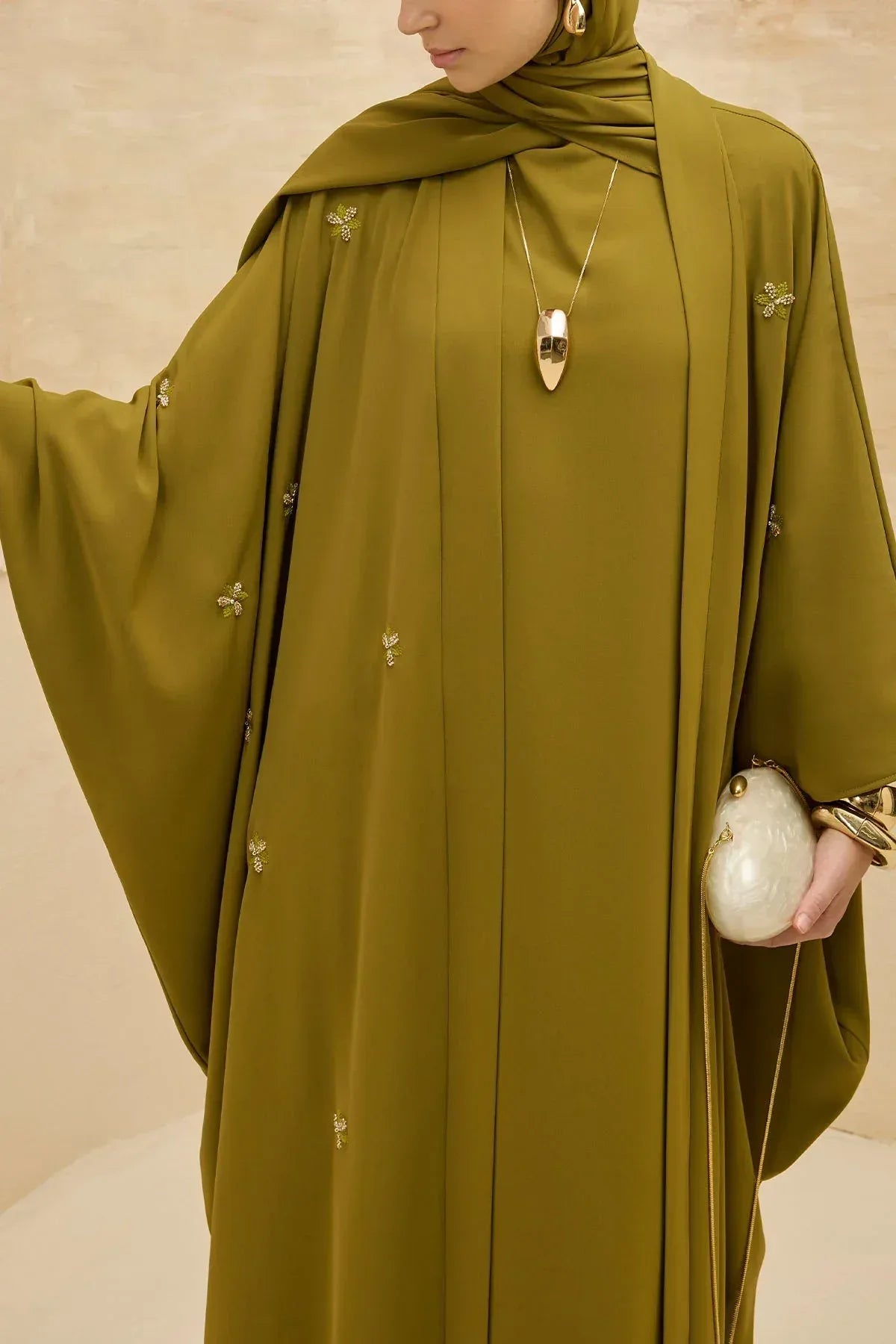 Elegant Floral Embroidered Flowing Cut Batwing Sleeve Olive Green Abaya