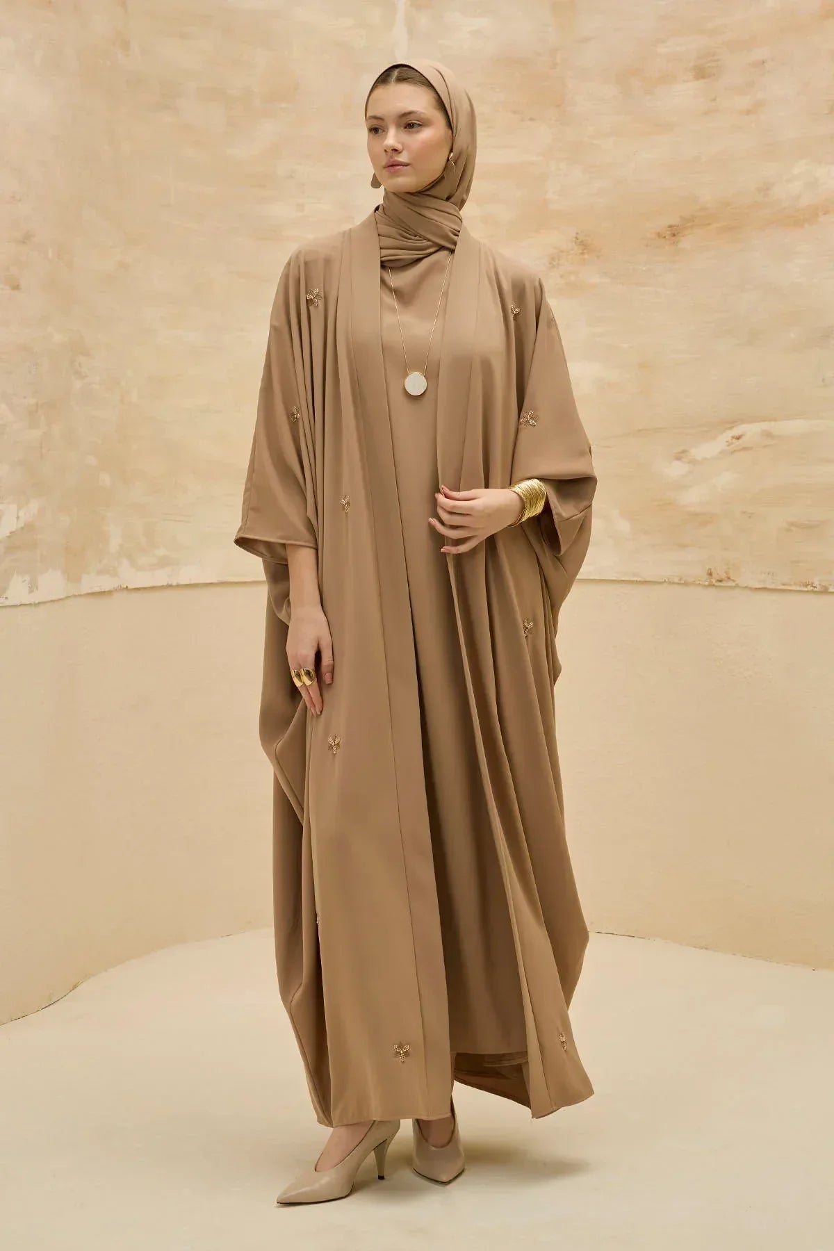 Elegant Floral Embroidered Flowing Cut Batwing Sleeve Camel Abaya
