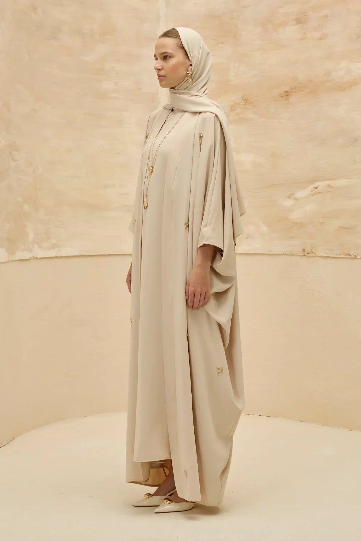 Elegant Floral Embroidered Flowing Cut Batwing Sleeve Stone Abaya