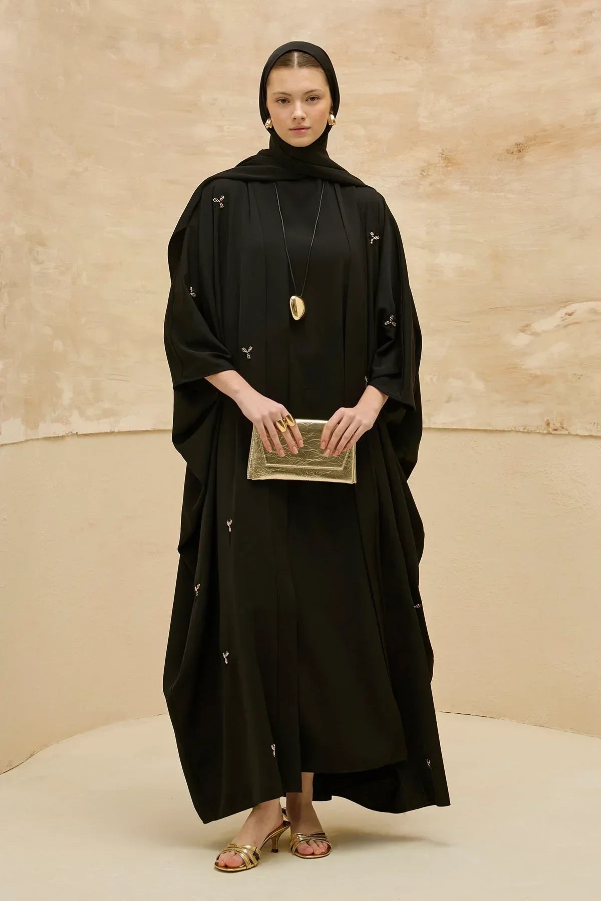 Elegant Floral Embroidered Flowing Cut Batwing Sleeve Black Abaya