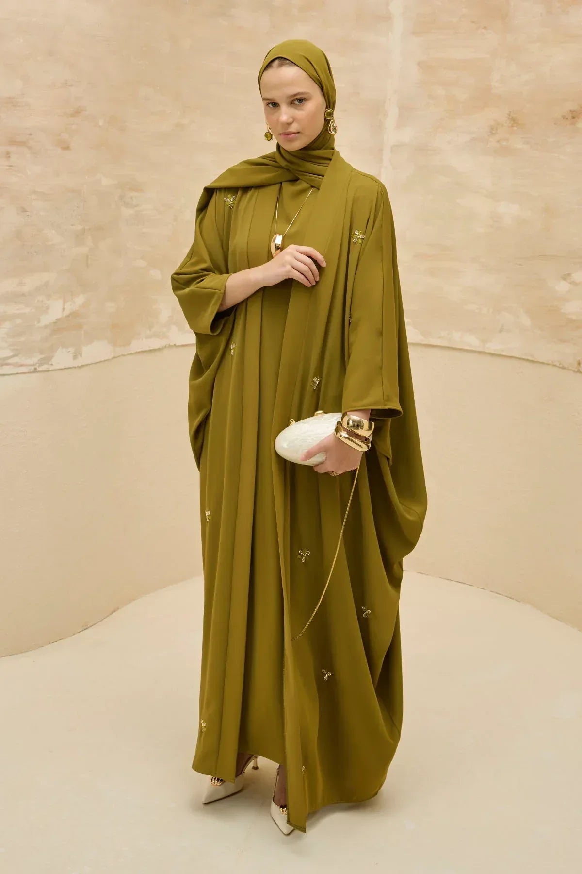 Elegant Floral Embroidered Flowing Cut Batwing Sleeve Olive Green Abaya