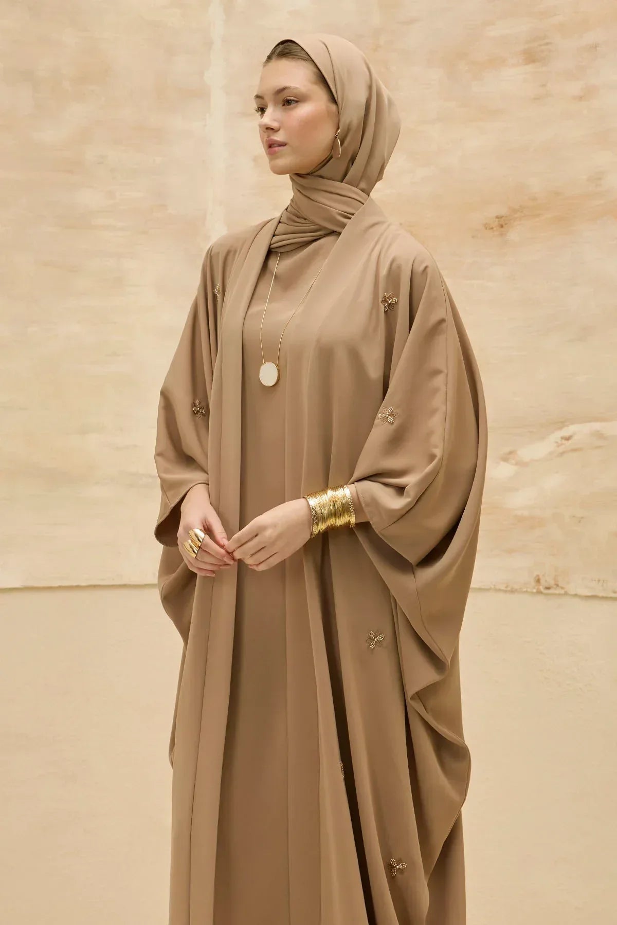 Elegant Floral Embroidered Flowing Cut Batwing Sleeve Camel Abaya