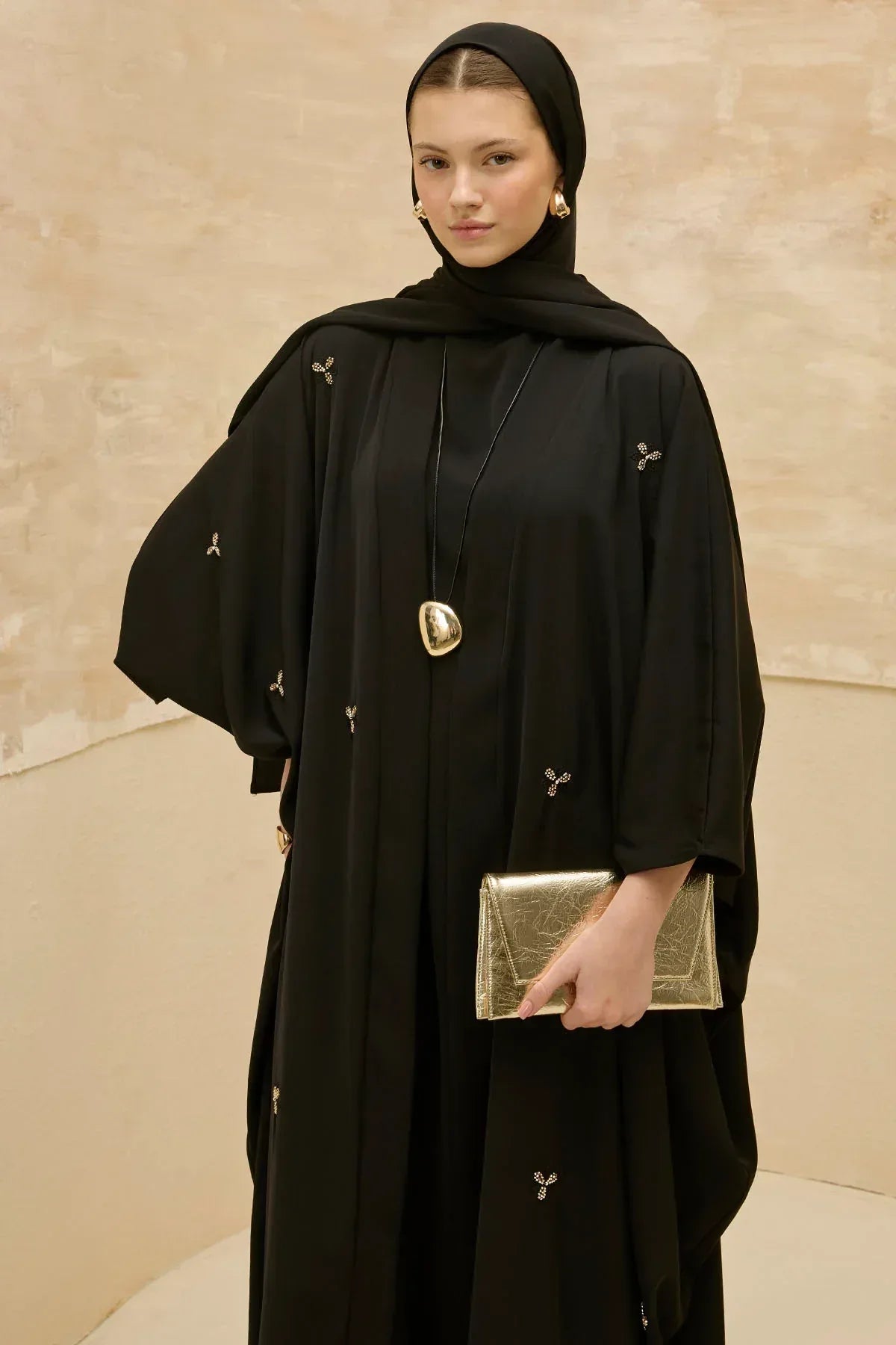 Elegant Floral Embroidered Flowing Cut Batwing Sleeve Black Abaya