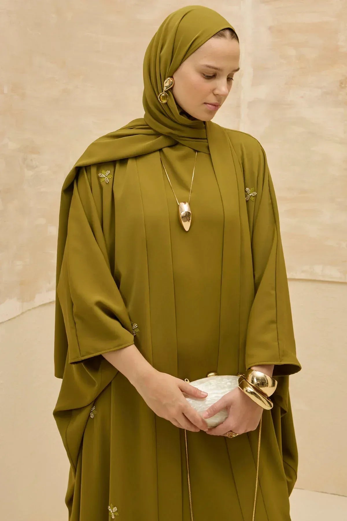 Elegant Floral Embroidered Flowing Cut Batwing Sleeve Olive Green Abaya