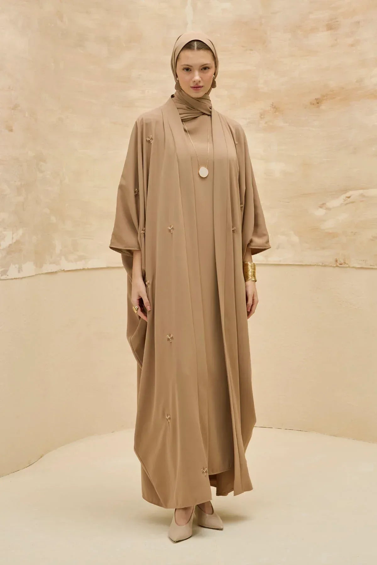 Elegant Floral Embroidered Flowing Cut Batwing Sleeve Camel Abaya