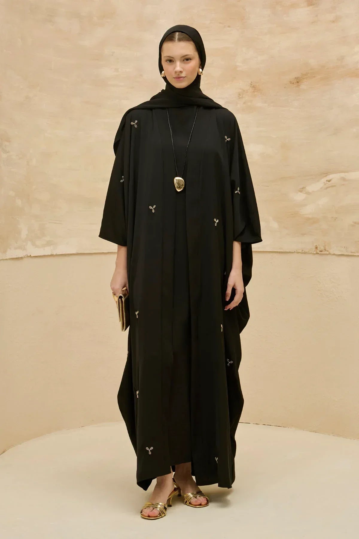 Elegant Floral Embroidered Flowing Cut Batwing Sleeve Black Abaya