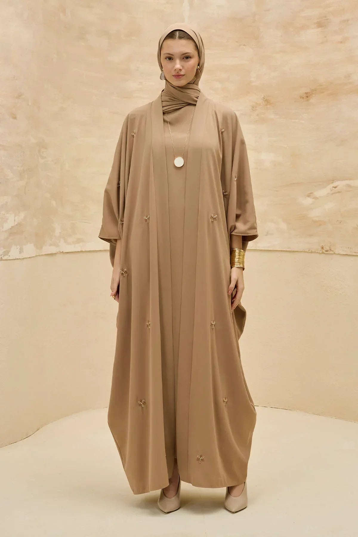 Elegant Floral Embroidered Flowing Cut Batwing Sleeve Camel Abaya