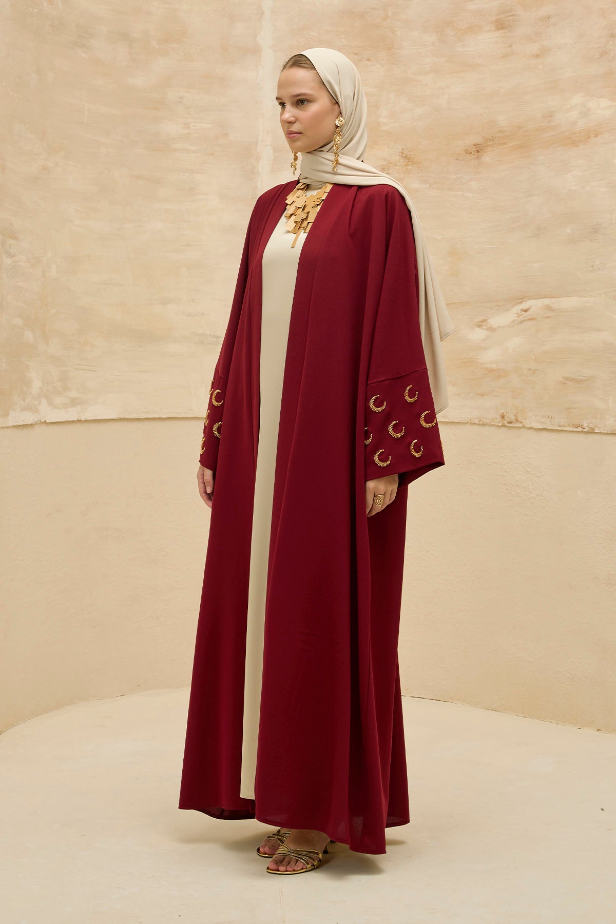 Ramazan Kerim Yazılı Gold Hilal İşlemeli Geniş Kol Uzun Bordo Abaya