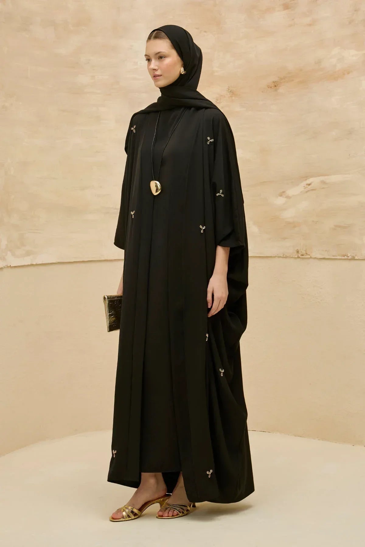 Elegant Floral Embroidered Flowing Cut Batwing Sleeve Black Abaya