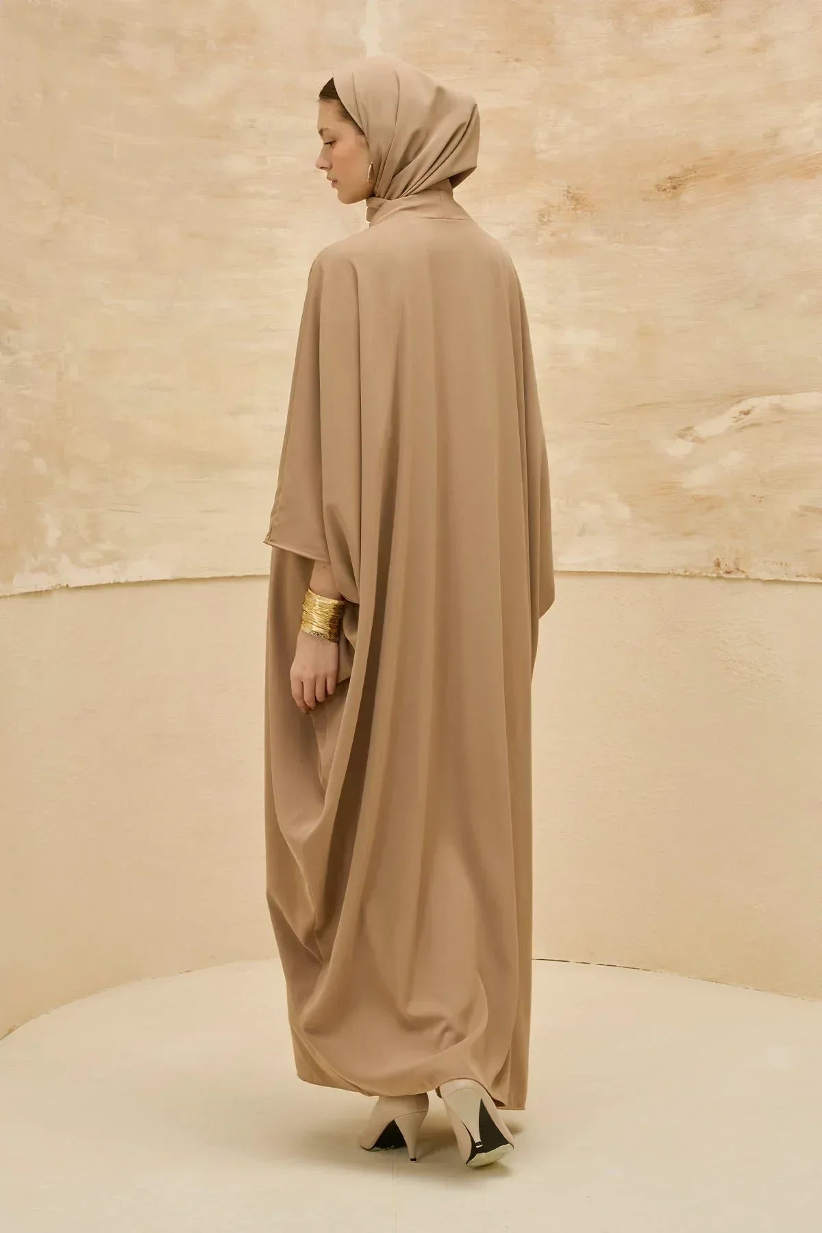 Elegant Floral Embroidered Flowing Cut Batwing Sleeve Camel Abaya