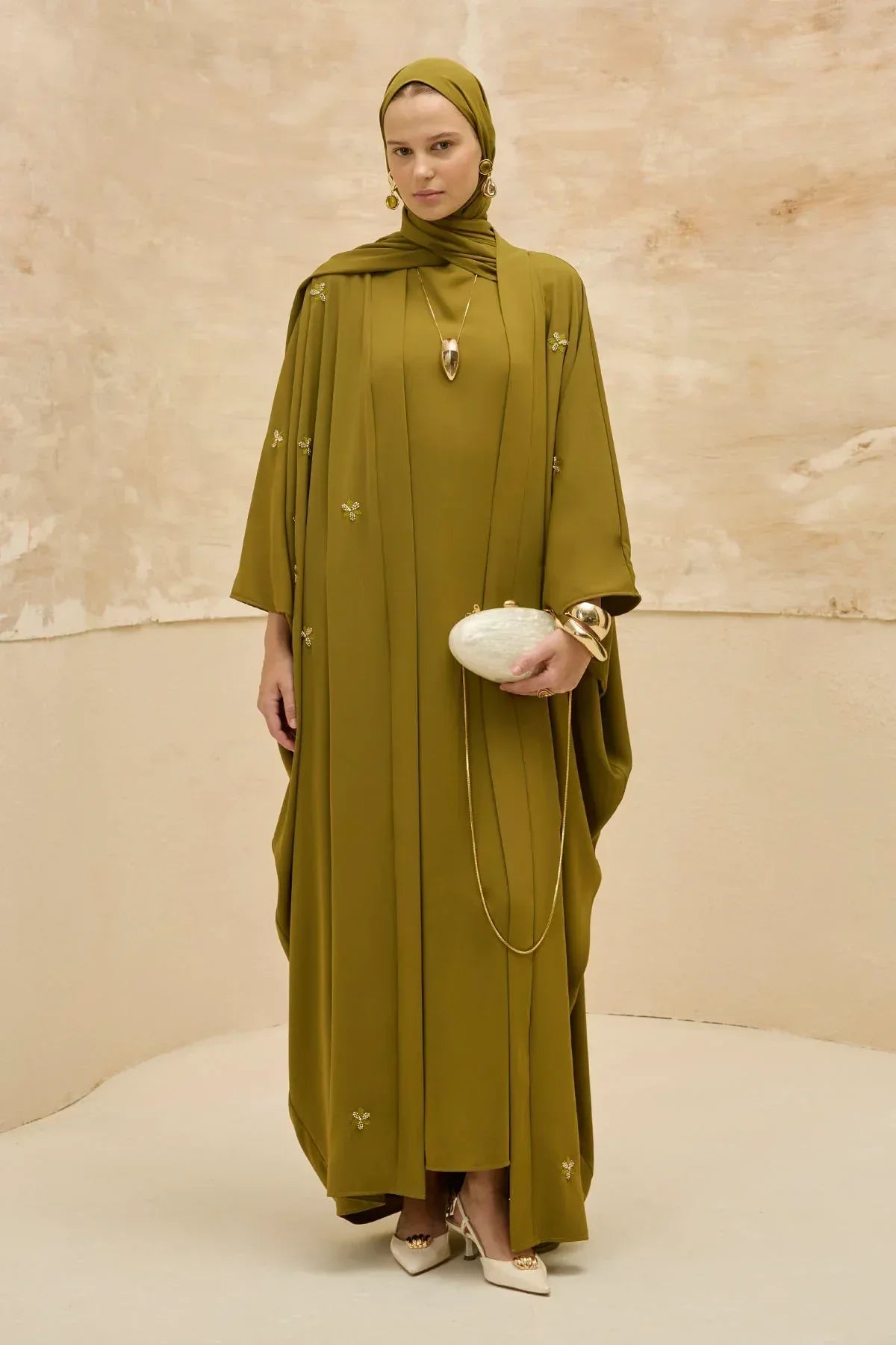 Elegant Floral Embroidered Flowing Cut Batwing Sleeve Olive Green Abaya