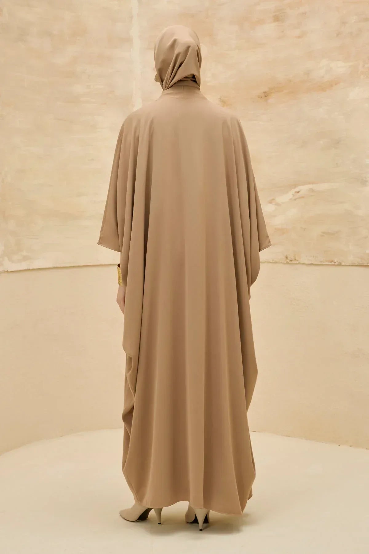 Elegant Floral Embroidered Flowing Cut Batwing Sleeve Camel Abaya