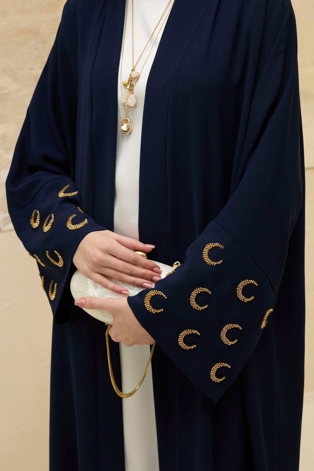 Ramazan Kerim Yazılı Gold Hilal İşlemeli Geniş Kol Uzun Lacivert Abaya