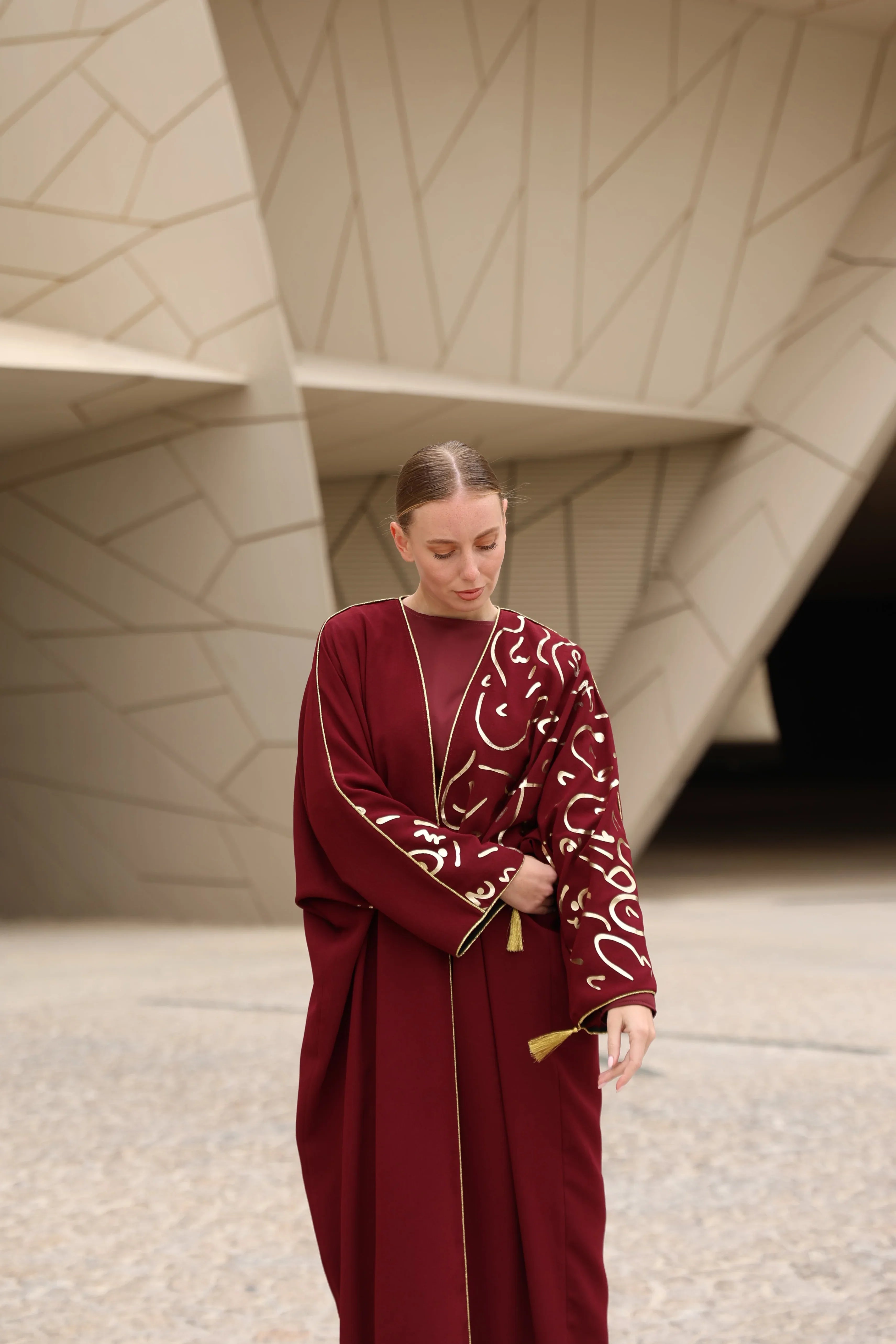 Gold Hat Desenli Abaya - VIADEL Atelier