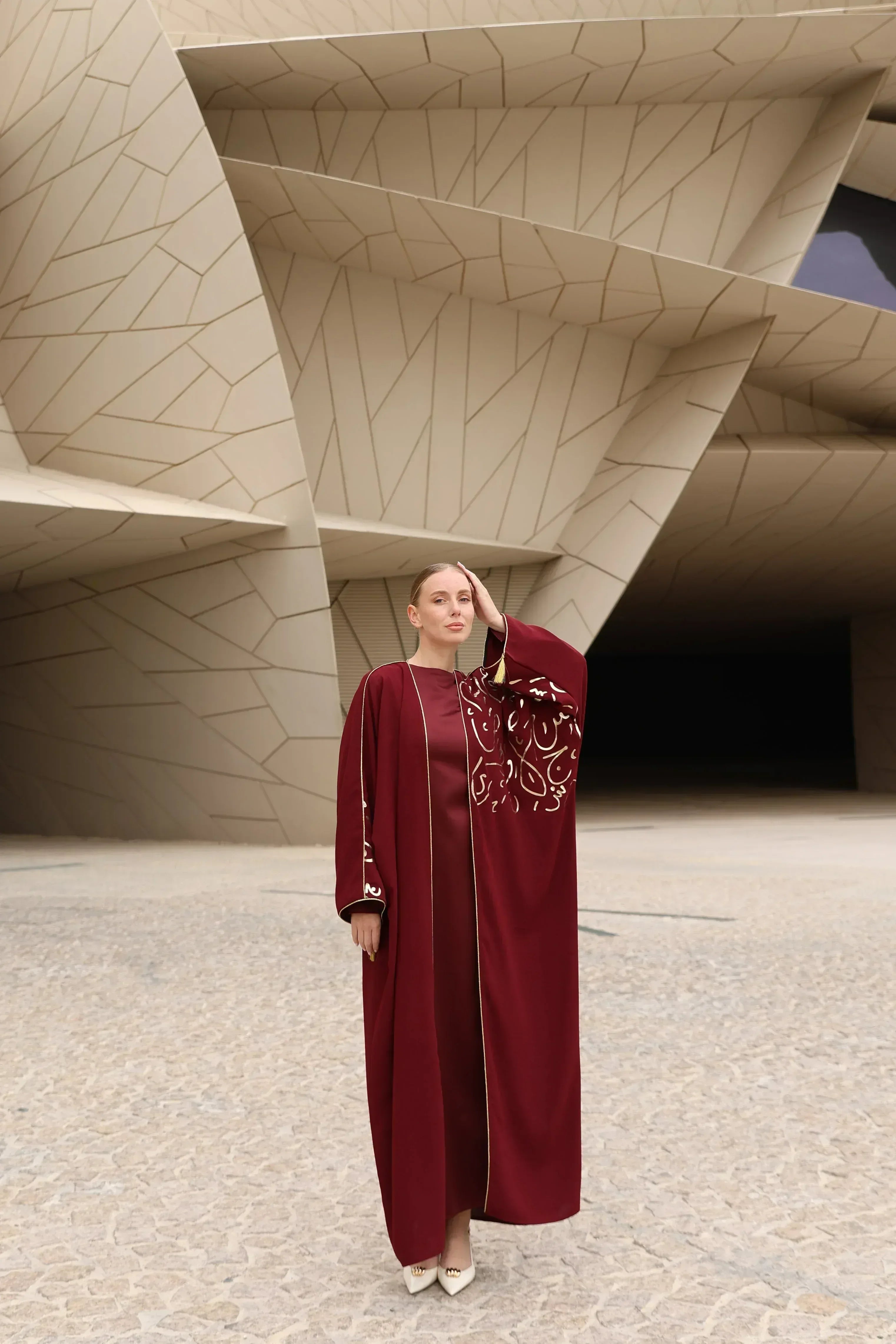 Gold Hat Desenli Abaya - VIADEL Atelier