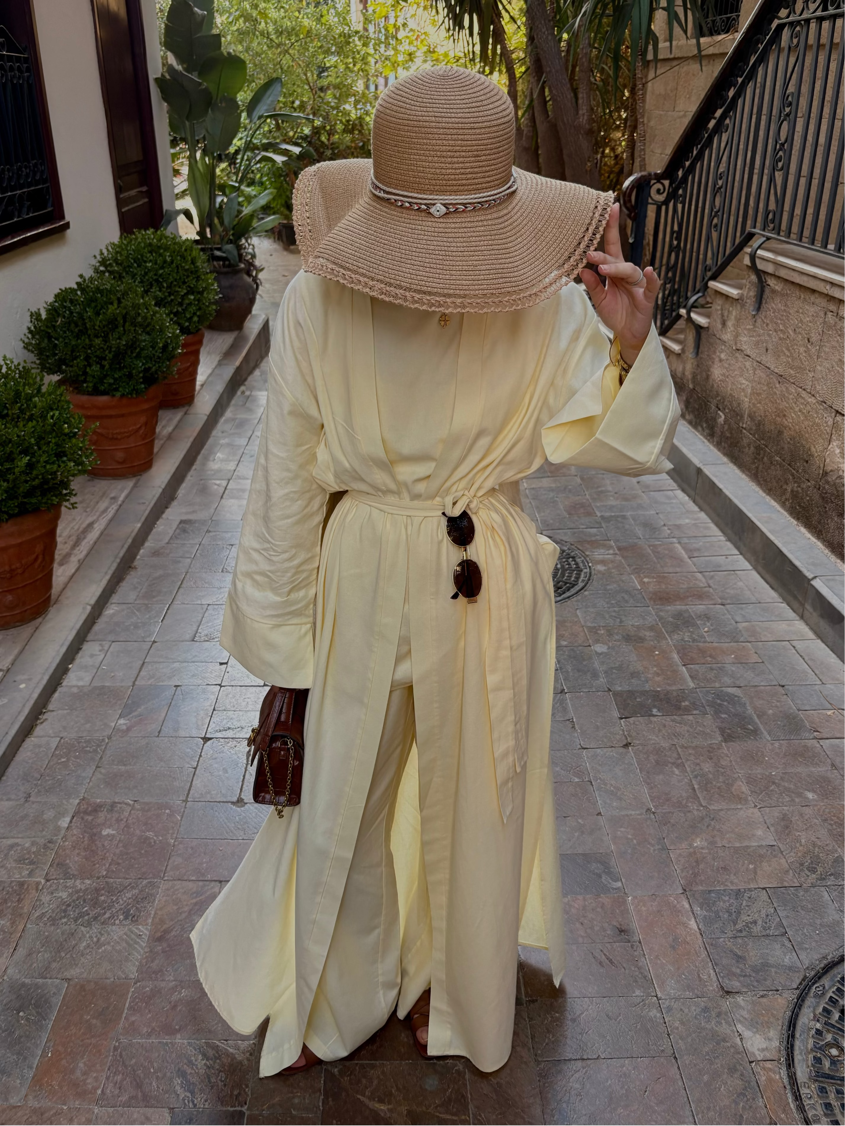 Keten Yırtmaçlı Abaya Nervür Pantolon Sarı Takım