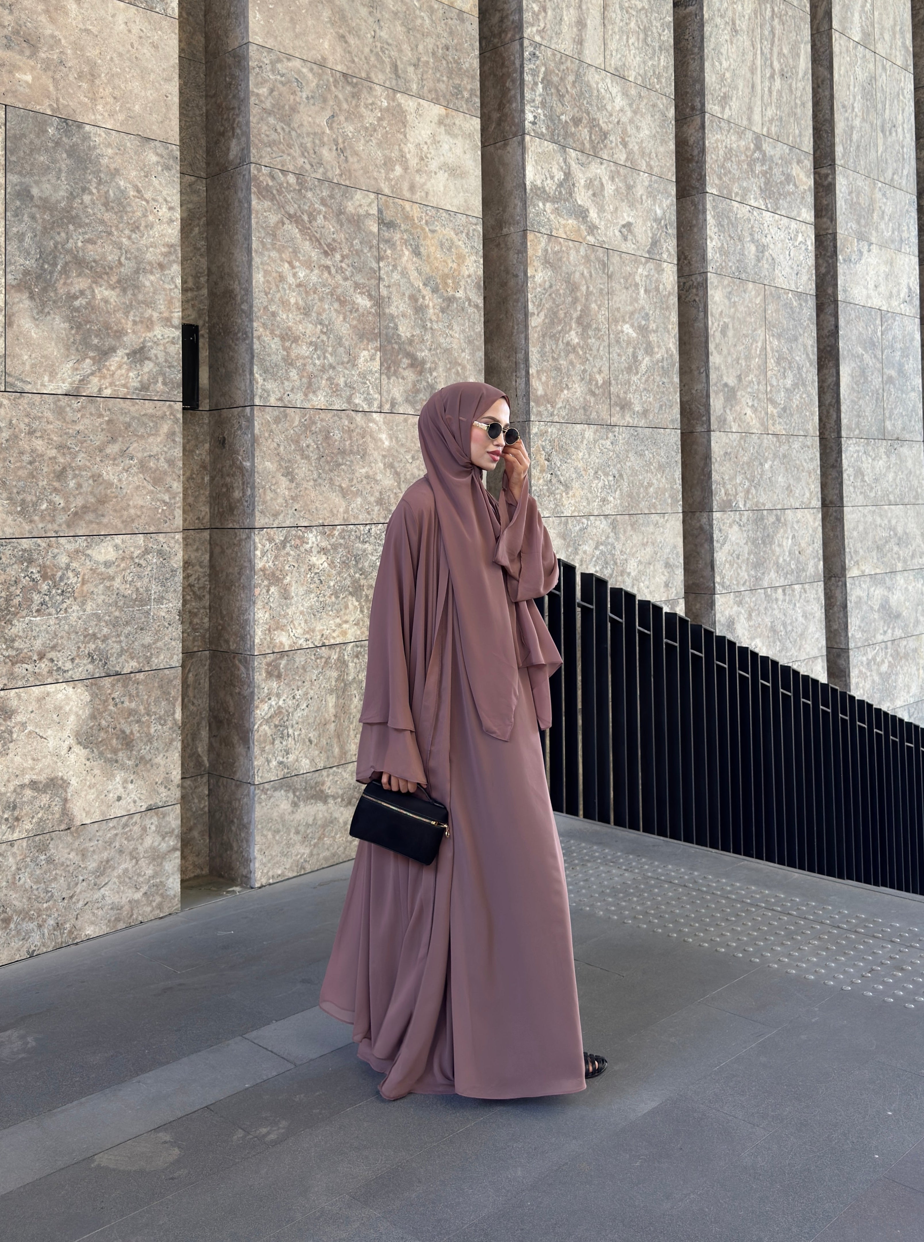 Şifon Elbise Şal Aksesuarlı Gül Kurusu Üçlü Abaya Takım
