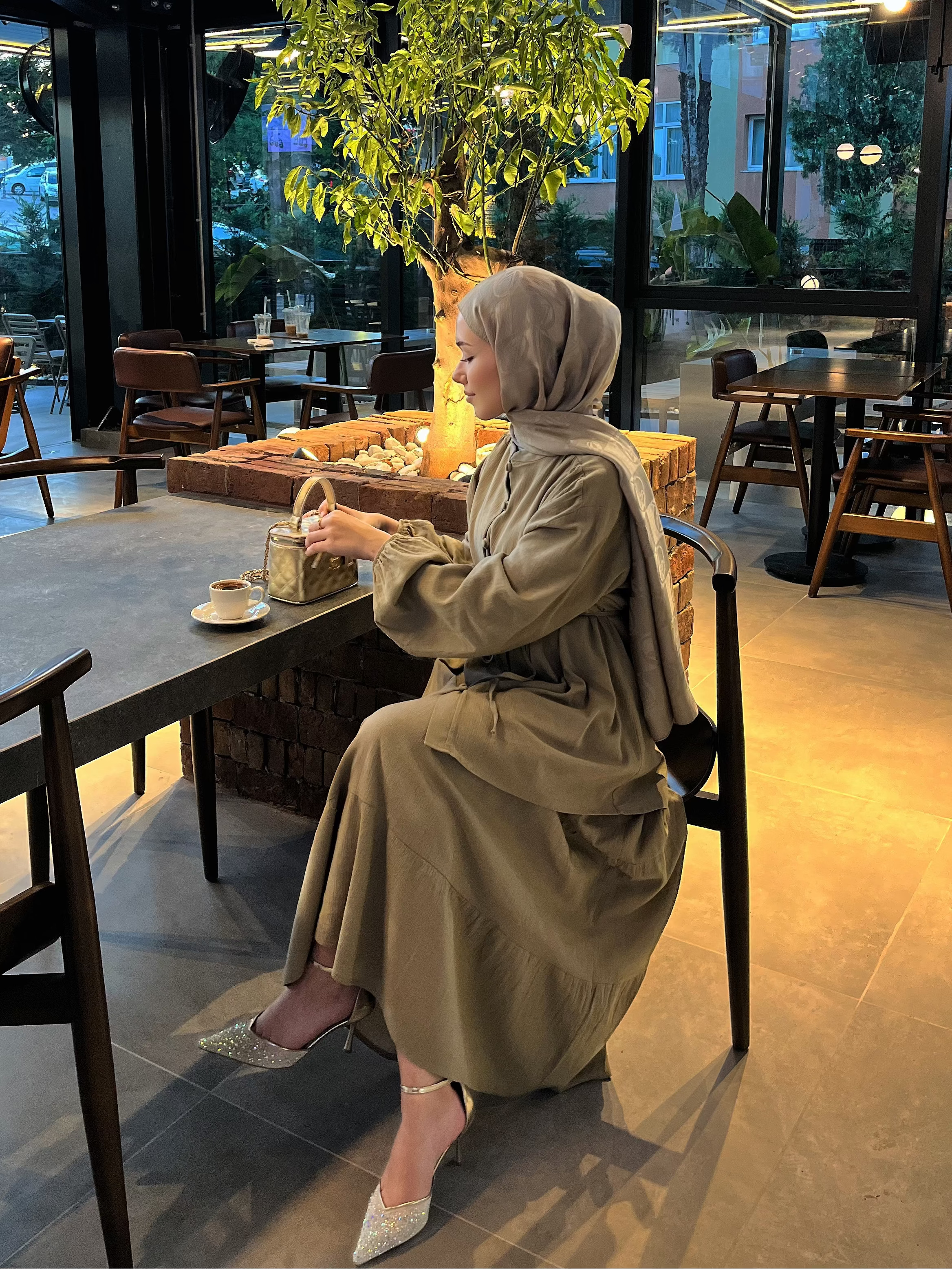 Bürümcük Keten Önden Düğmeli Kahverengi Tunik Etek Takım