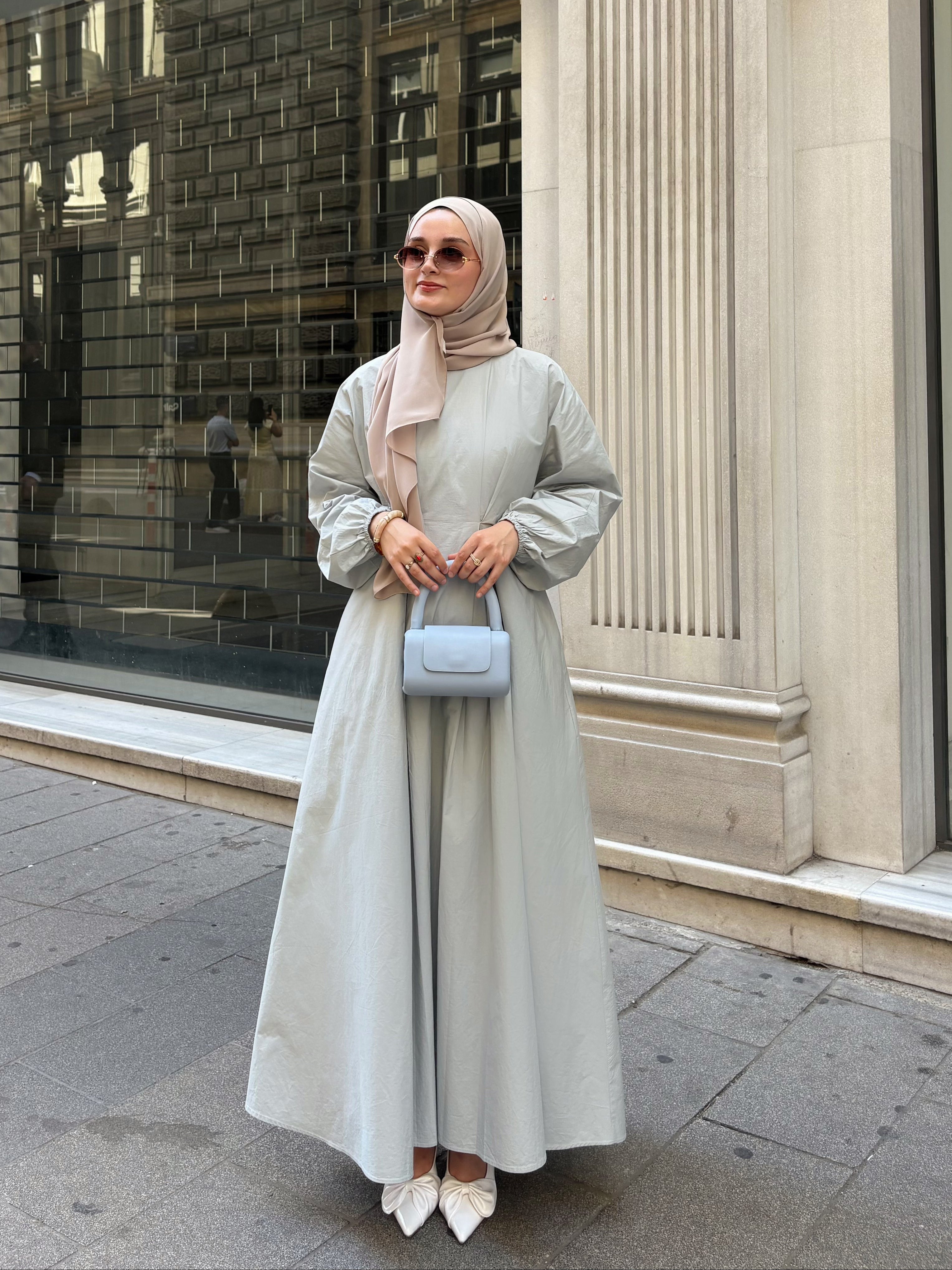 Drapeli Pamuk Vual Astarlı Soft Su Yeşili Poplin Elbise