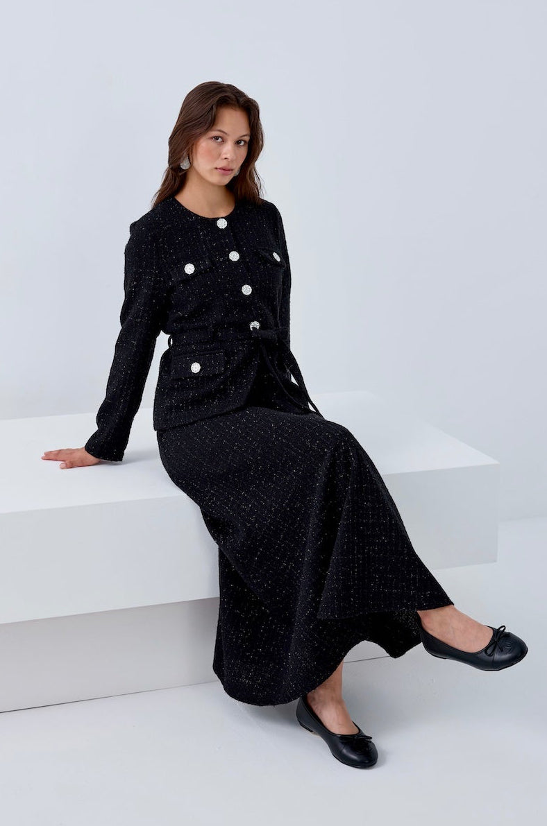 Simli Cep Düğmeli Etek Takım