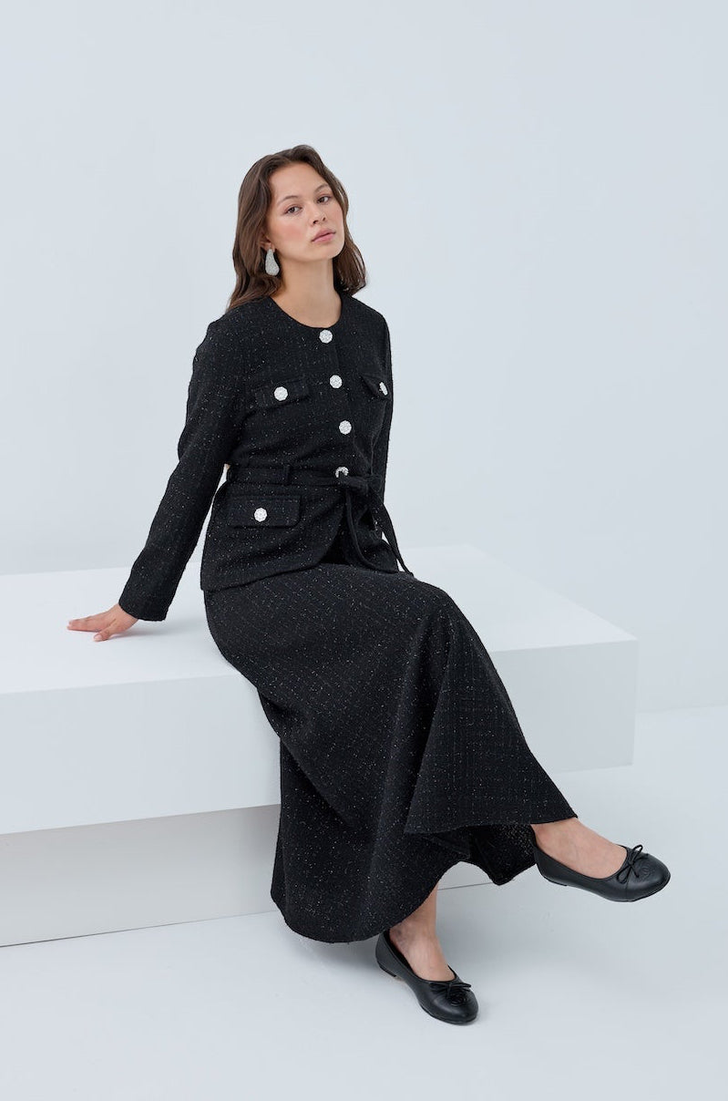 Simli Cep Düğmeli Etek Takım