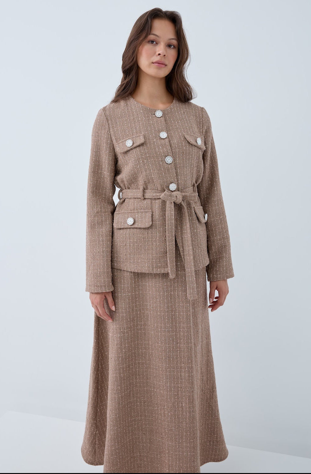 Simli Cep Düğmeli Etek Takım