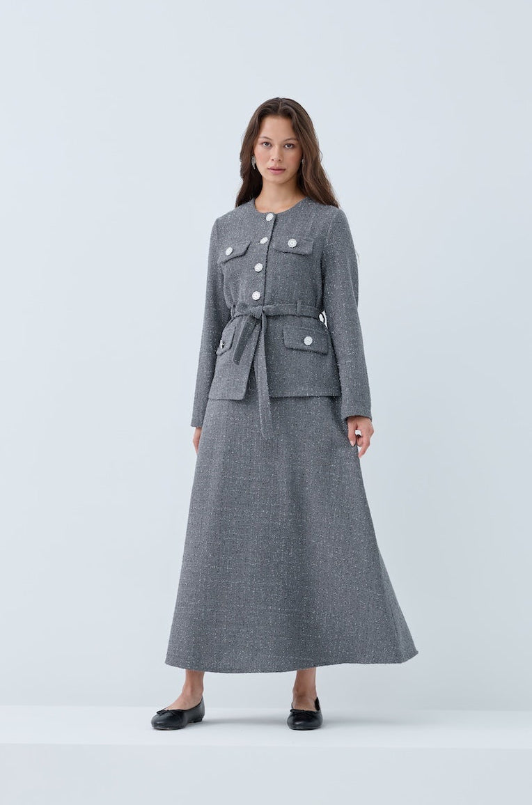 Simli Cep Düğmeli Etek Takım