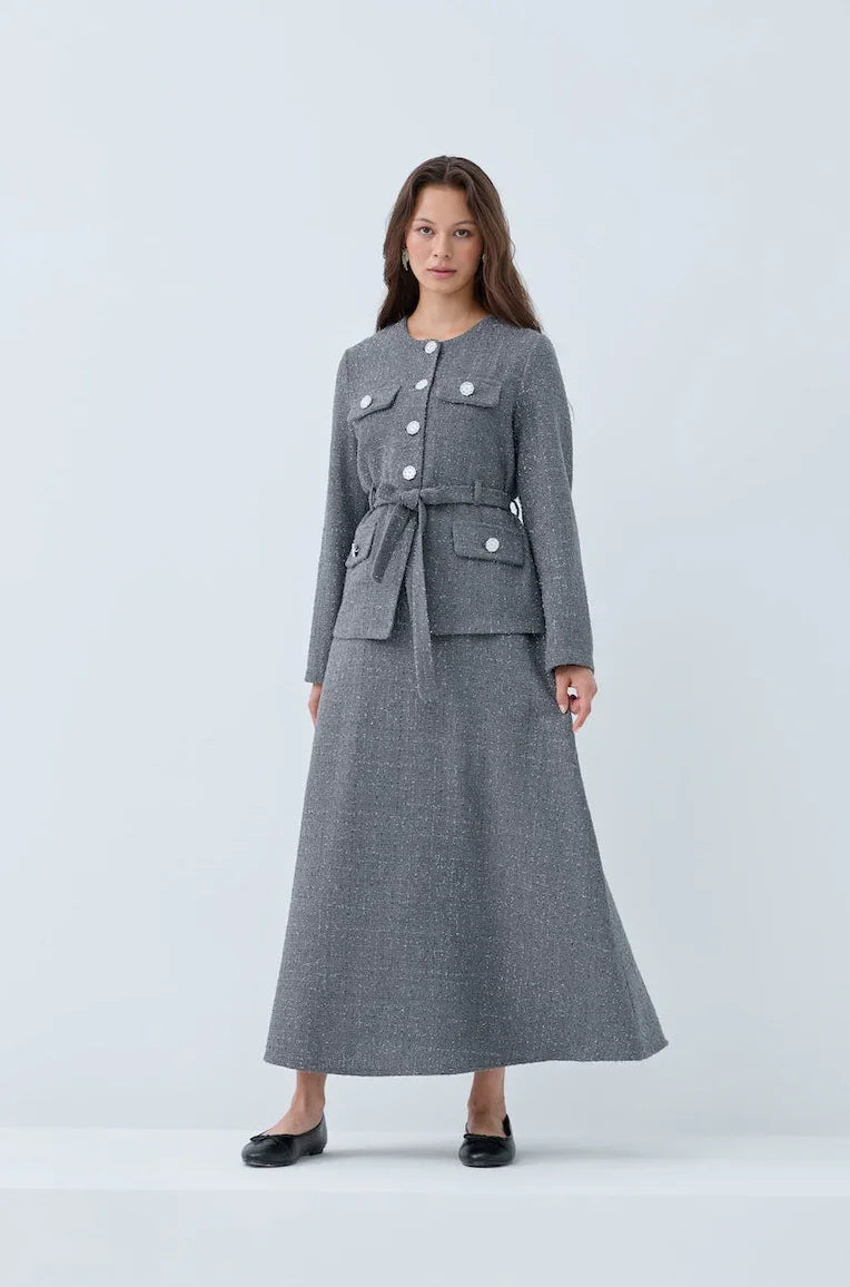 Simli Cep Düğmeli Etek Takım