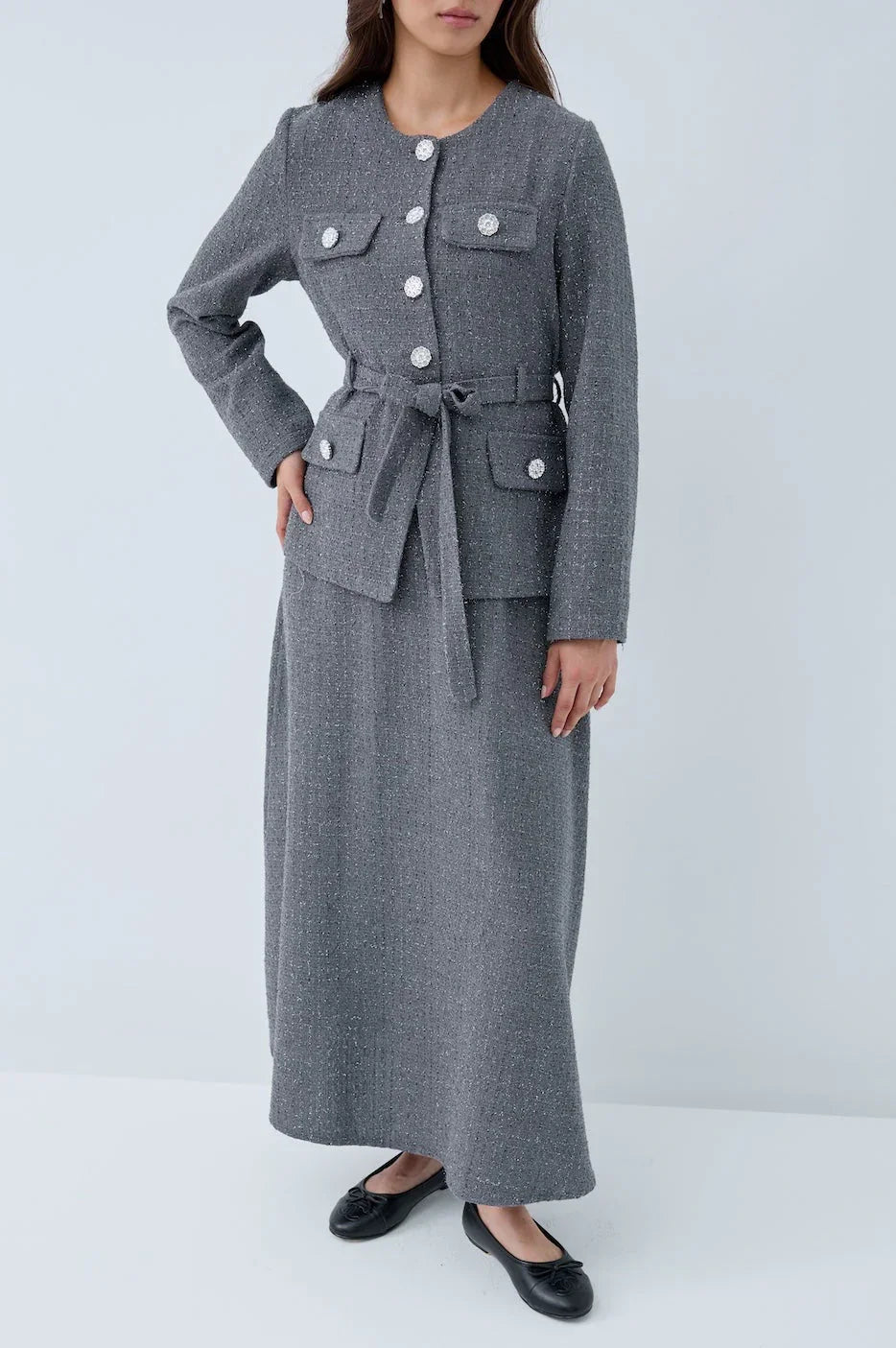 Simli Cep Düğmeli Etek Takım